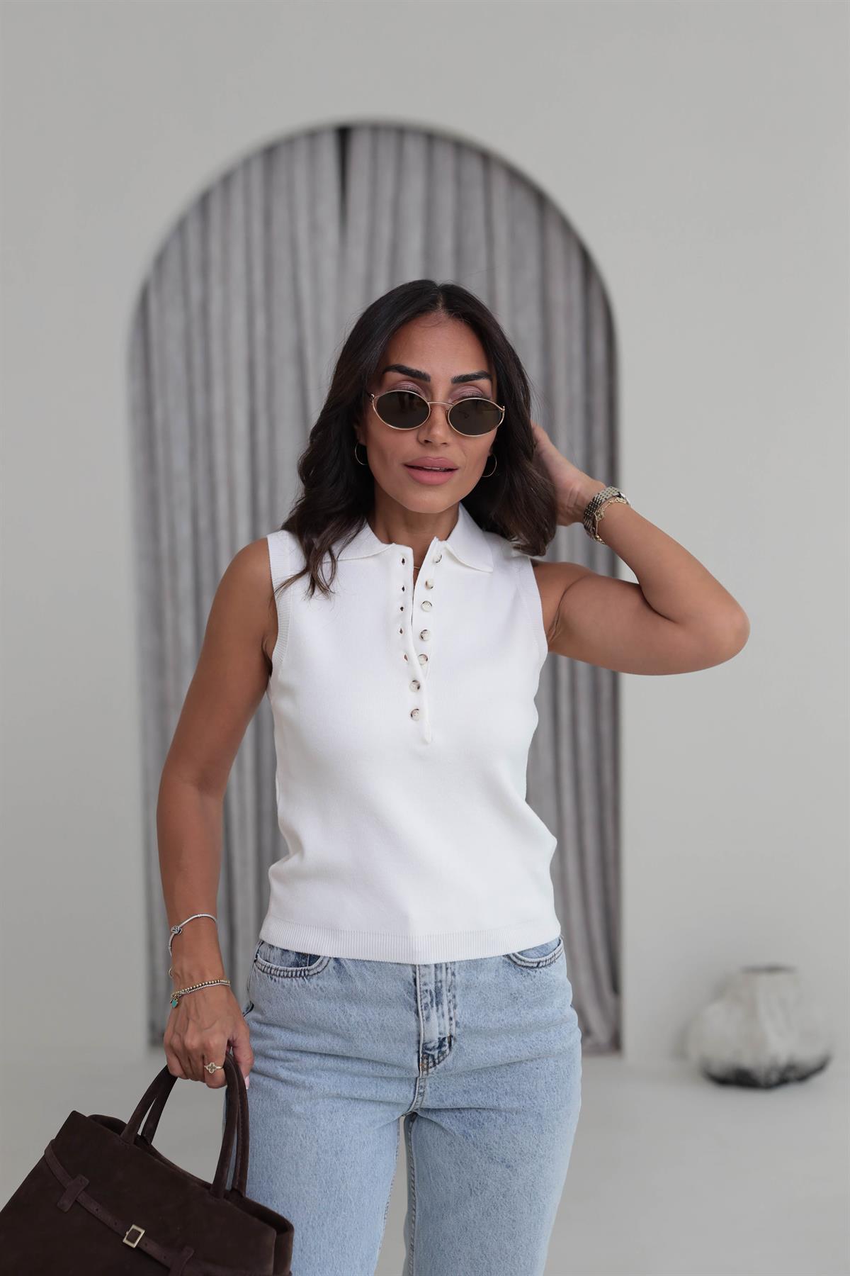 Polo Yaka Yarım Düğmeli Süveter EKRU