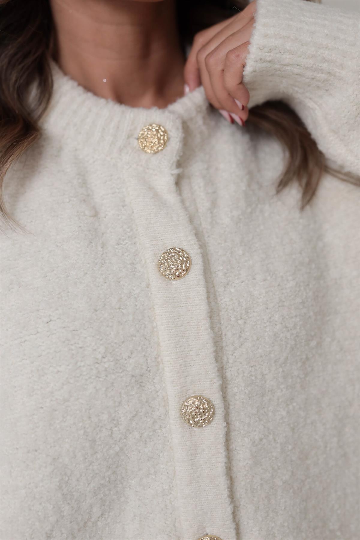 60276 V Yaka Düğmeli Buklet Triko Hırka EKRU