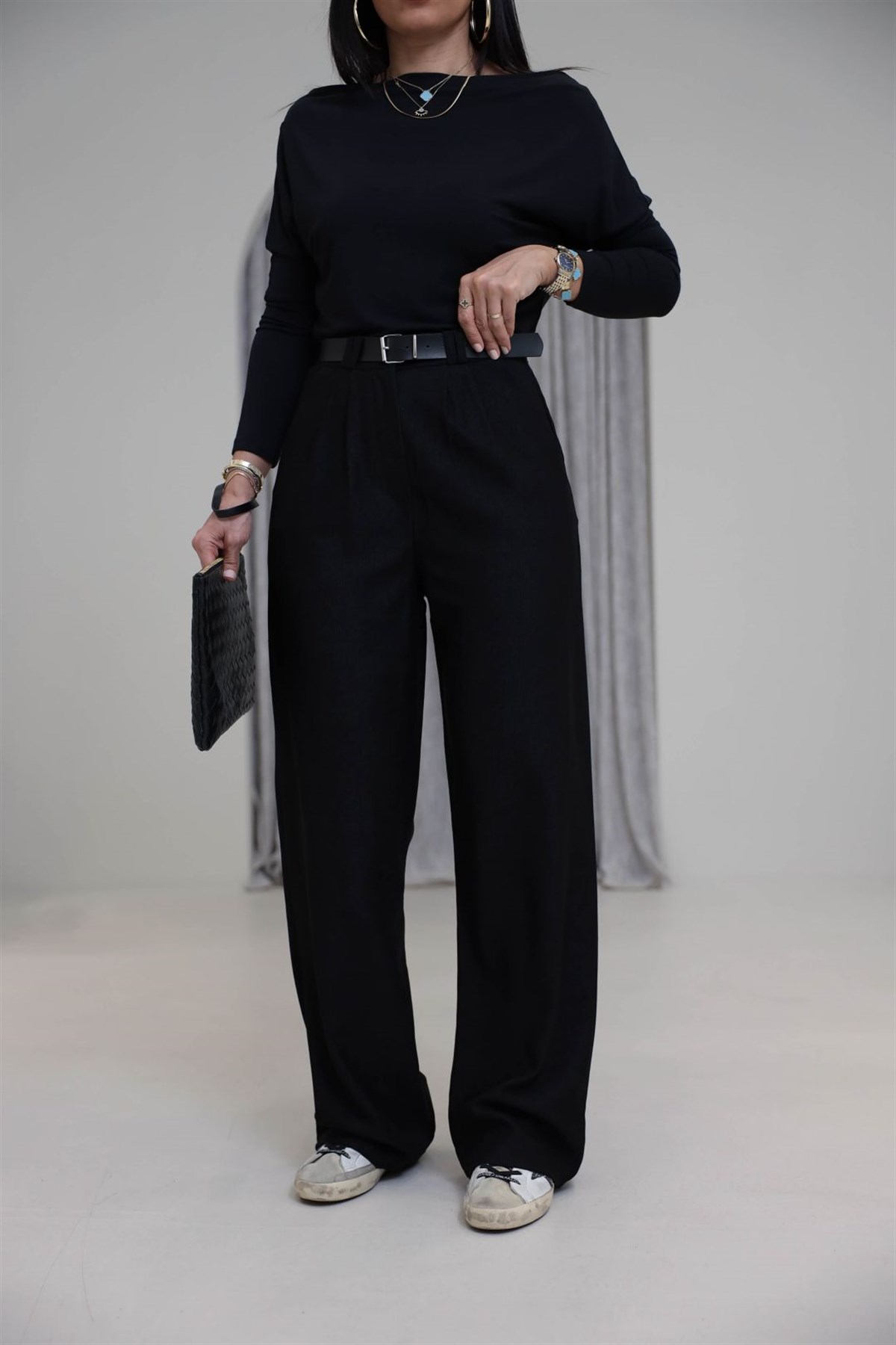 3290 Kemerli Fitilli Kumaş Palazzo Pantolon SİYAH