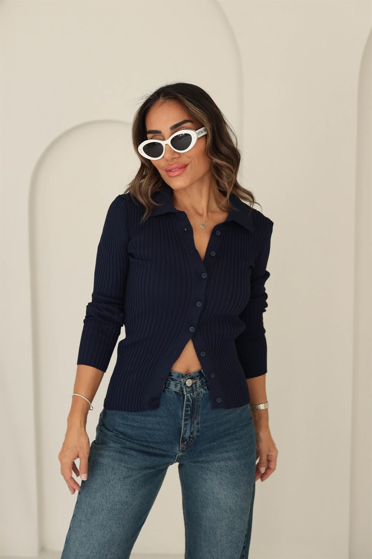 0701 Polo Yaka Fitilli Triko Hırka LACİVERT