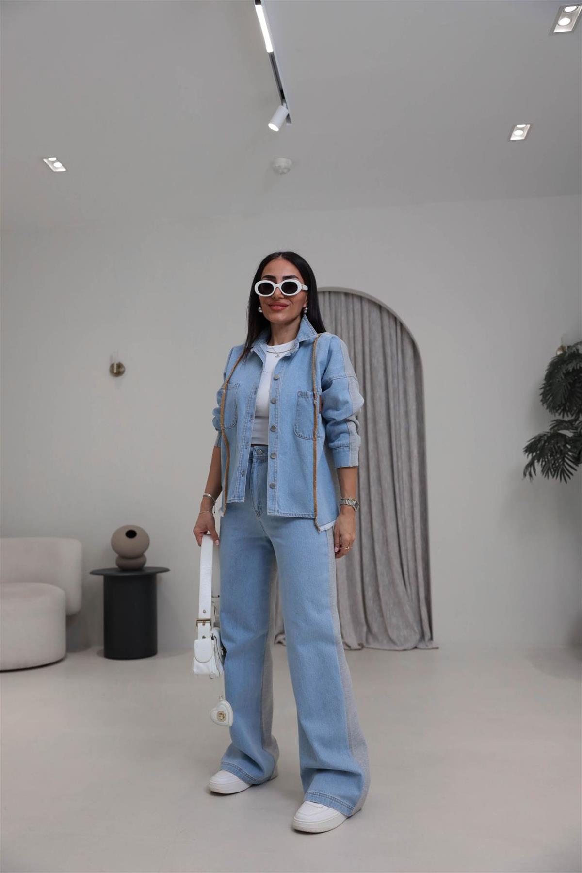 0642 Önü Biye ve Arma Detaylı Kot Garnili Takım AÇIK MAVİ