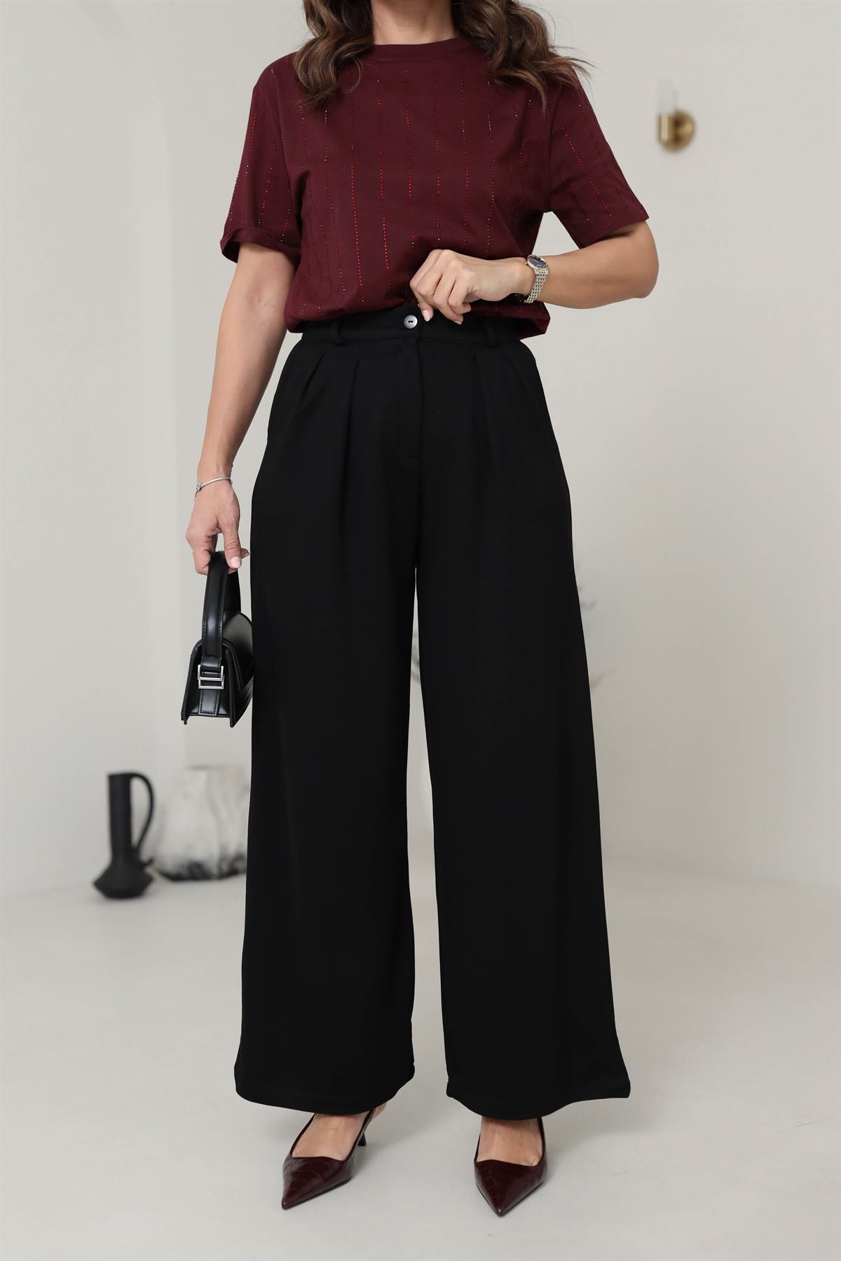 9444 Pilili Bol Paça Modal Pantolon SİYAH