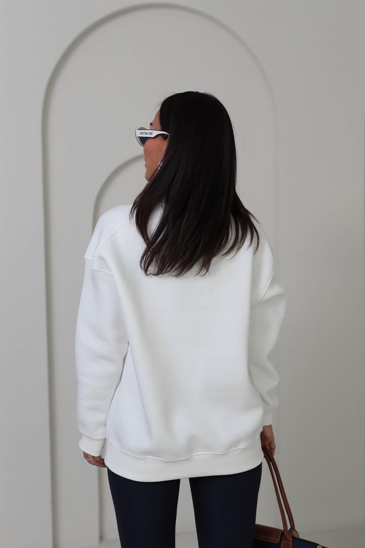 0417 Bisiklet Yaka Şardonlu Teddy Baskılı Sweatshirt EKRU