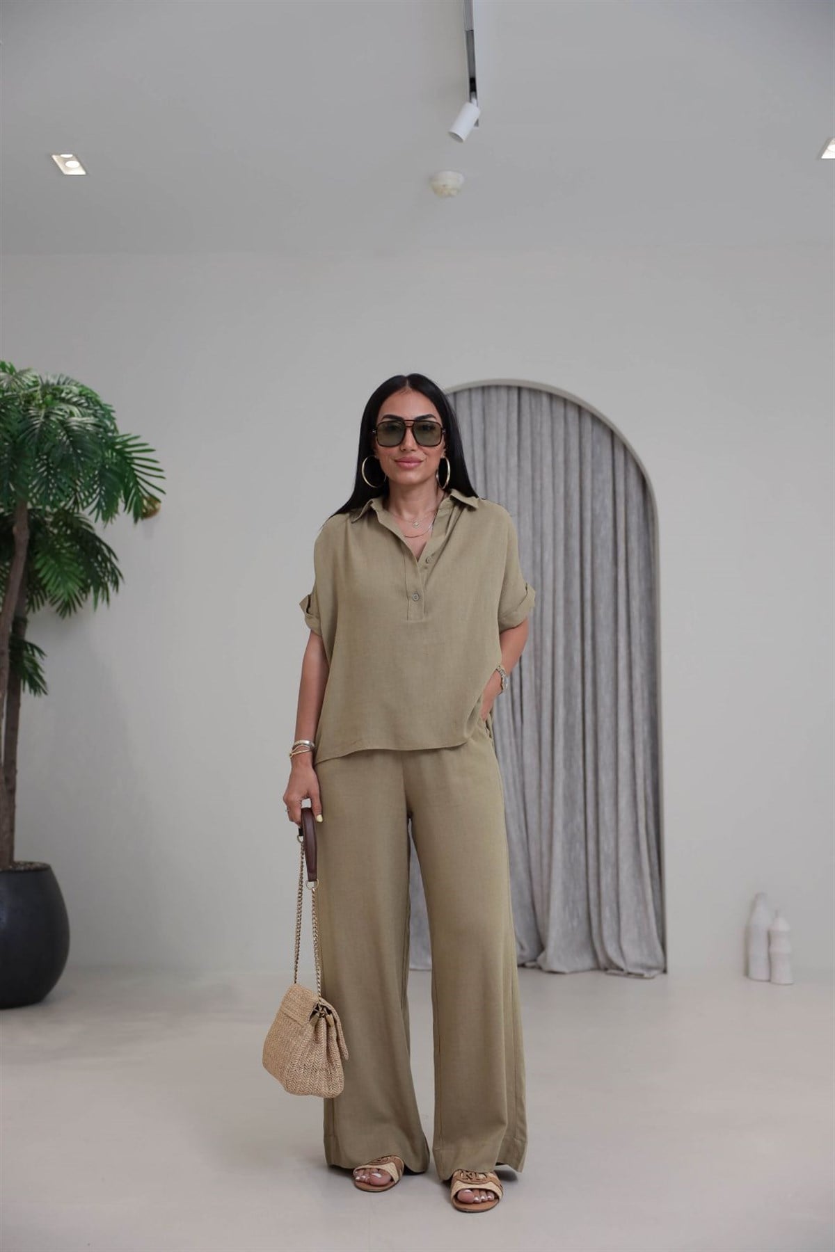 0547 Keten Rahat Bluz Pantolon Takım HAKİ YEŞİL