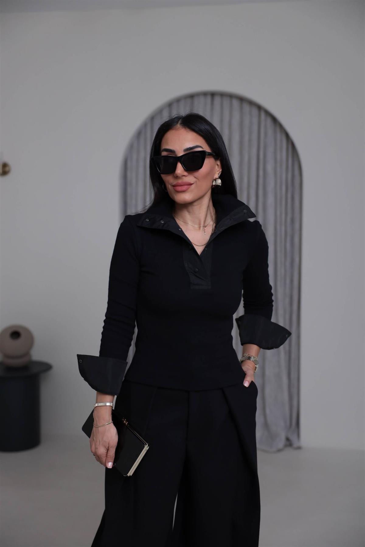 7009 Paraşüt Garnili Çıtçıtlı Triko Bluz SİYAH