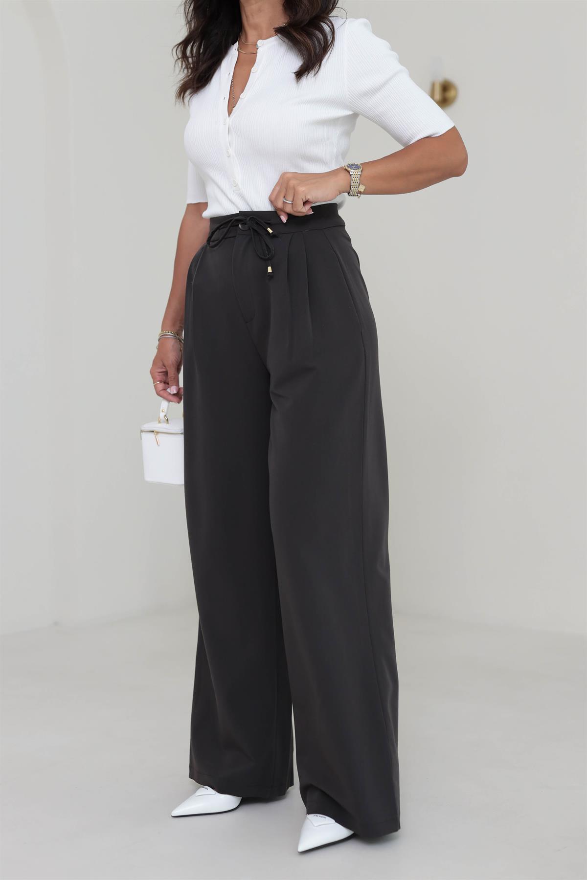 1212 Bağcık Detay Pileli Palazzo Pantolon KOYU KAHVE