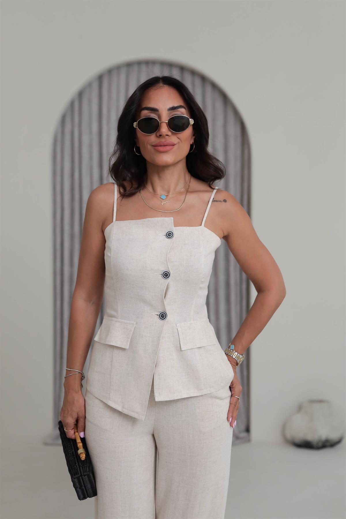 0288 Askıları Ayarlanabilir Tencel Keten Yelek & Pantolon Takım NATURAL