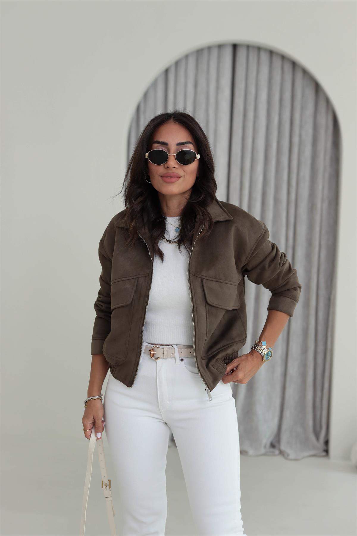 9730 Cep Detaylı Bel Lastikli Süet Bomber HAKİ YEŞİL