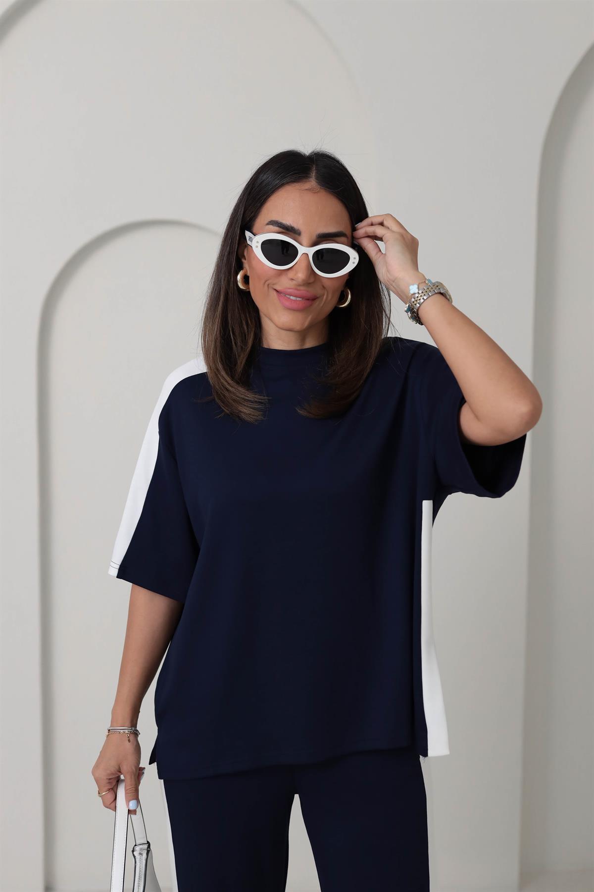 3417 Kontrastlı Paça Yırtmaçlı Rahat Modal Takım LACİVERT