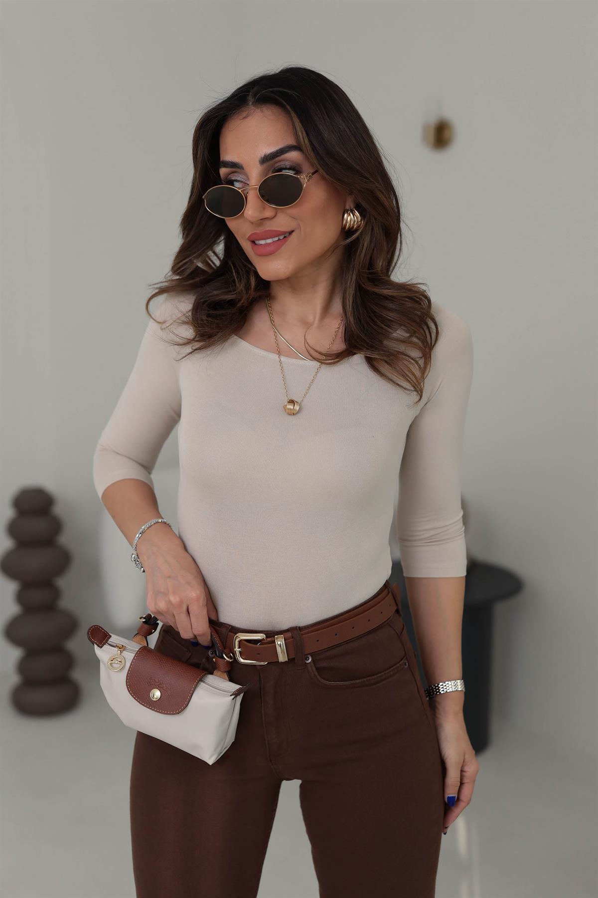 0816 Kayık Yaka Bodysuit BEJ