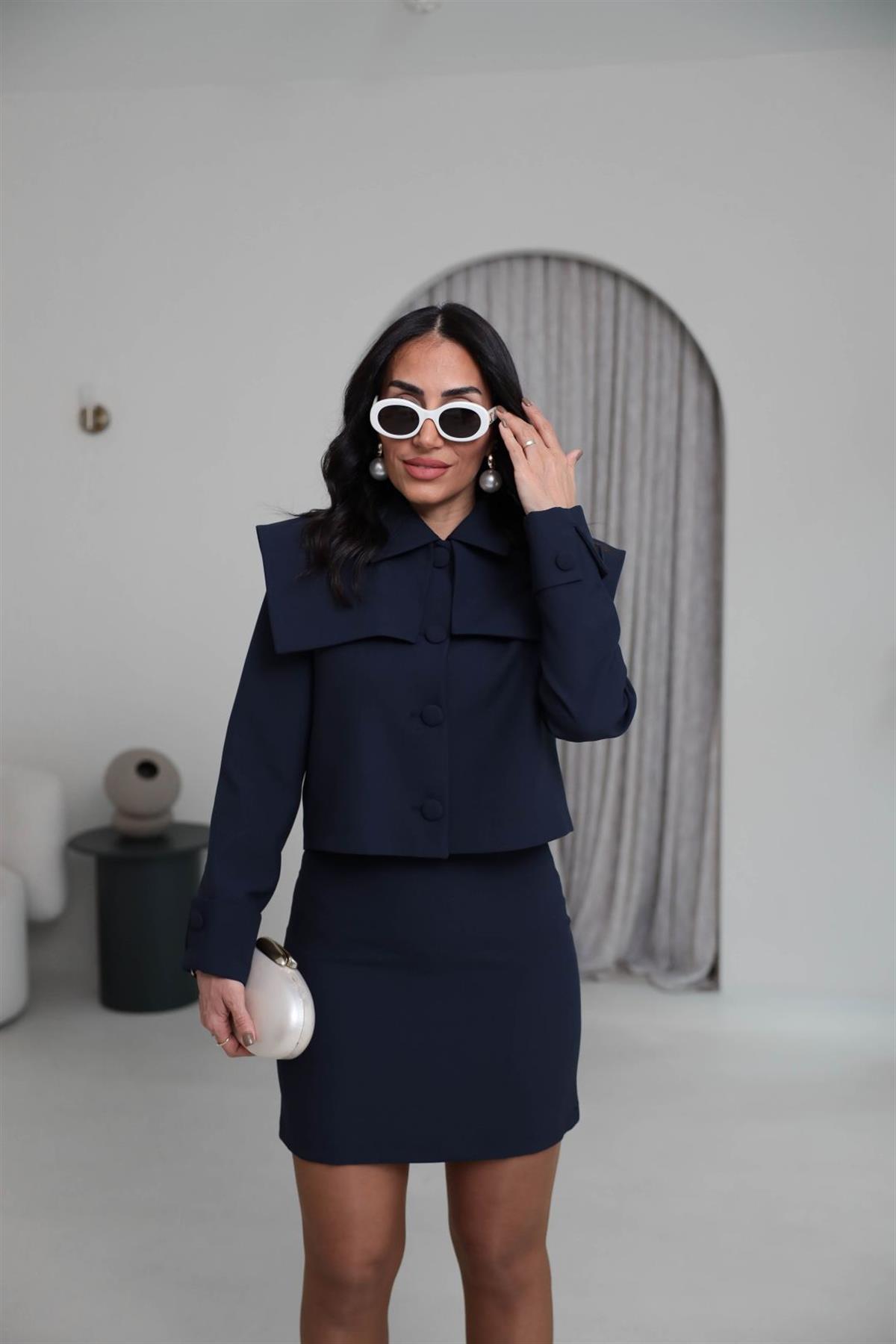 8945 Yaka Detay Ceketli Etekli Takım LACİVERT