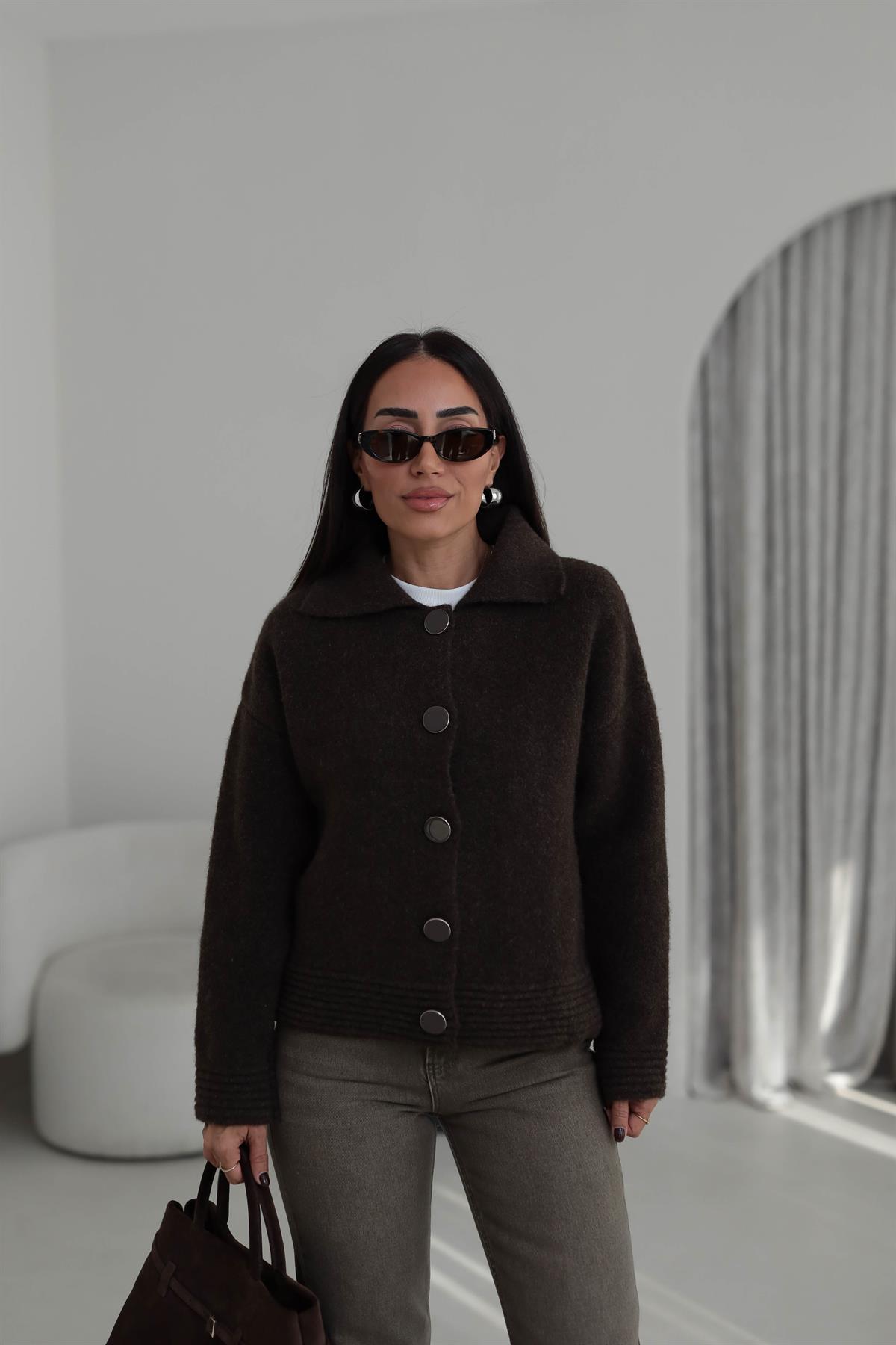 5086 Büyük Düğmeli Polo Yaka Hırka Ceket ACI KAHVE