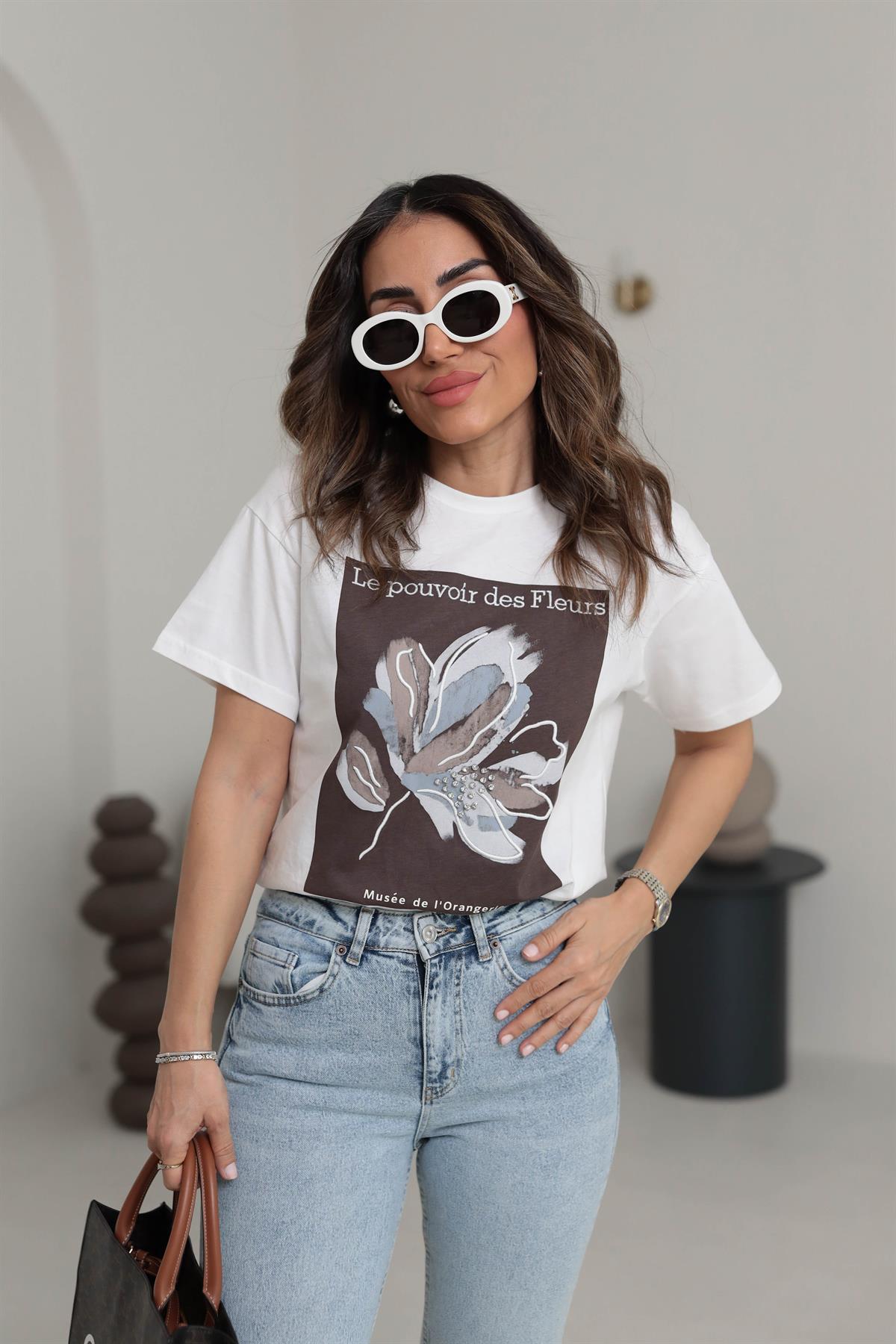 0223 Çiçek ve Taş Detaylı Tshirt ACI KAHVE