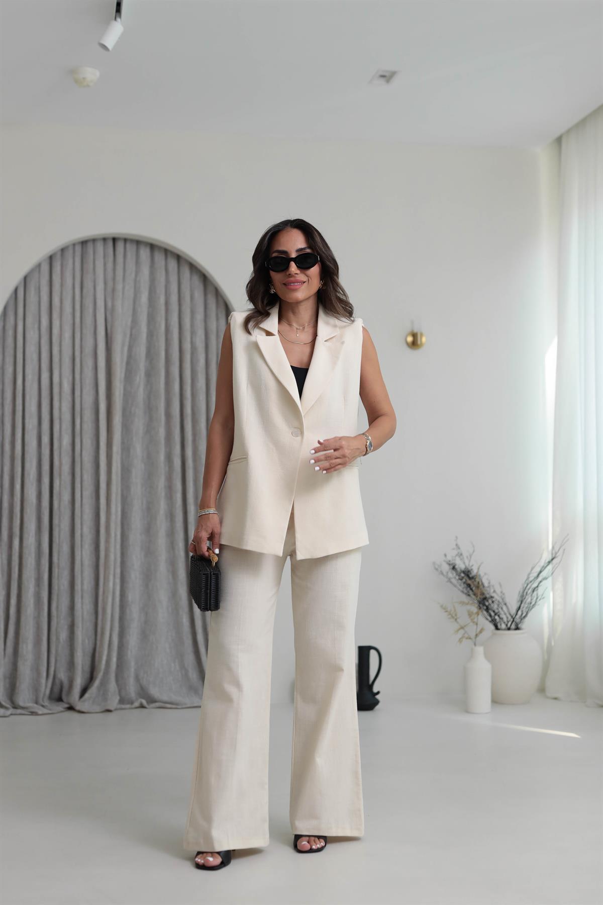 Omuz Vatkalı Yelek Keten Takım KREM