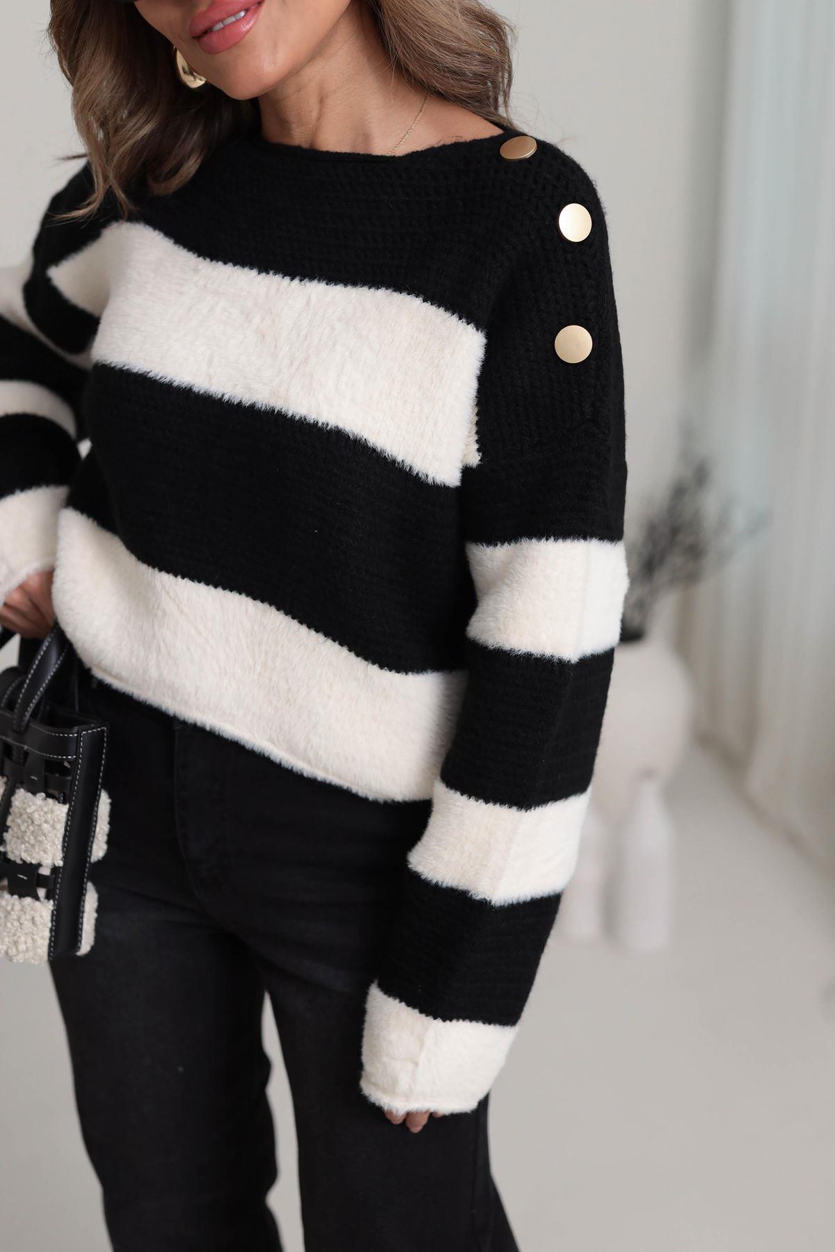 7589 Ters Örgülü Gold Düğme Detaylı Triko SİYAH