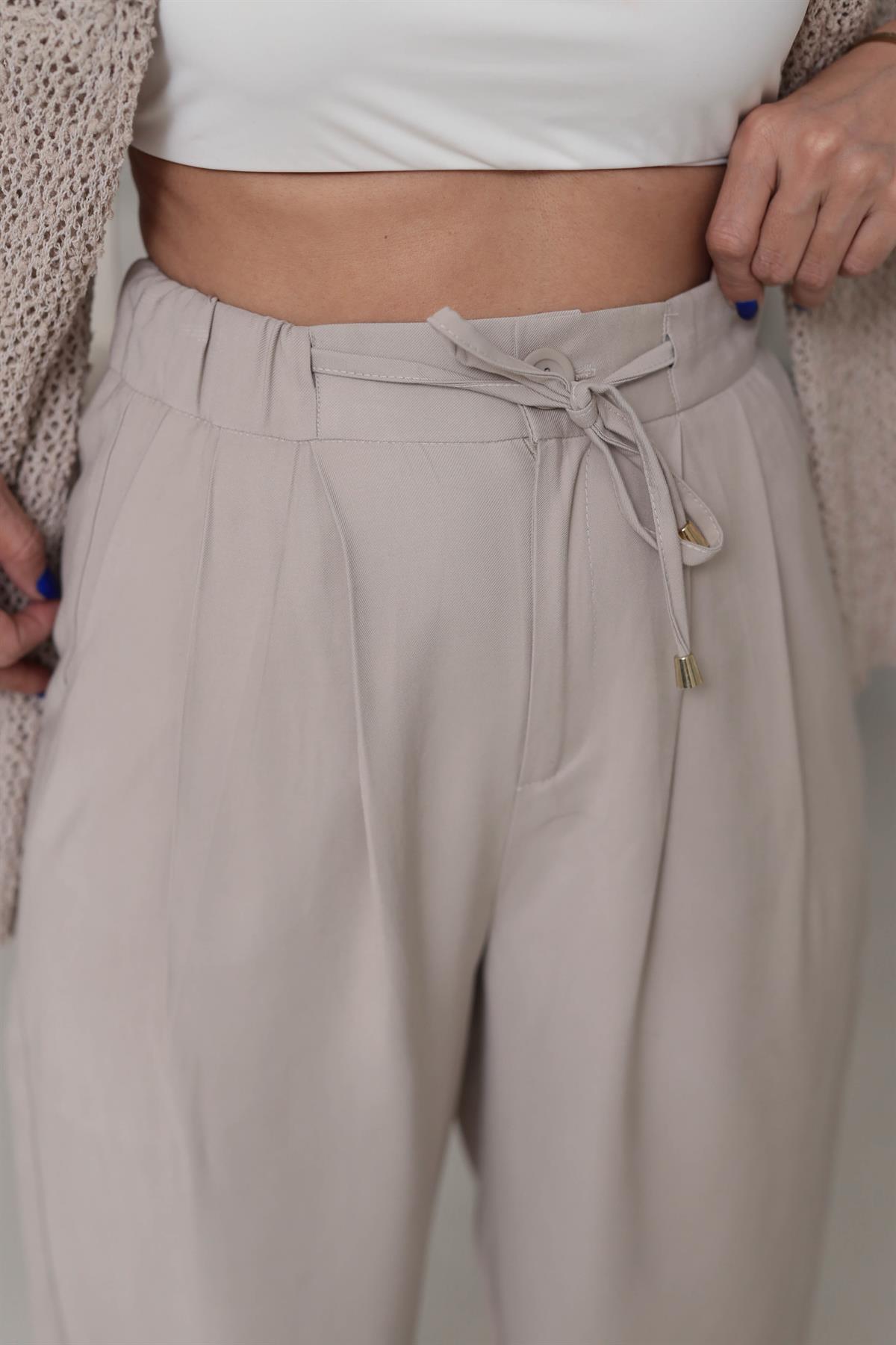 0266 Önden Bağcıklı Tencel Kumaş Havuç Pantalon TAŞ