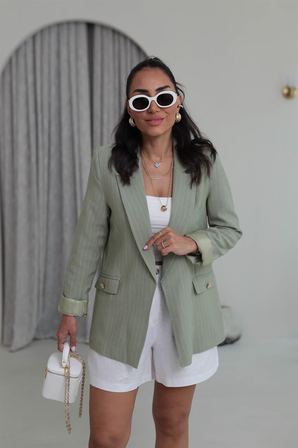 9296 Çizgili Gold Düğmeli Keten Ceket HAKİ YEŞİL