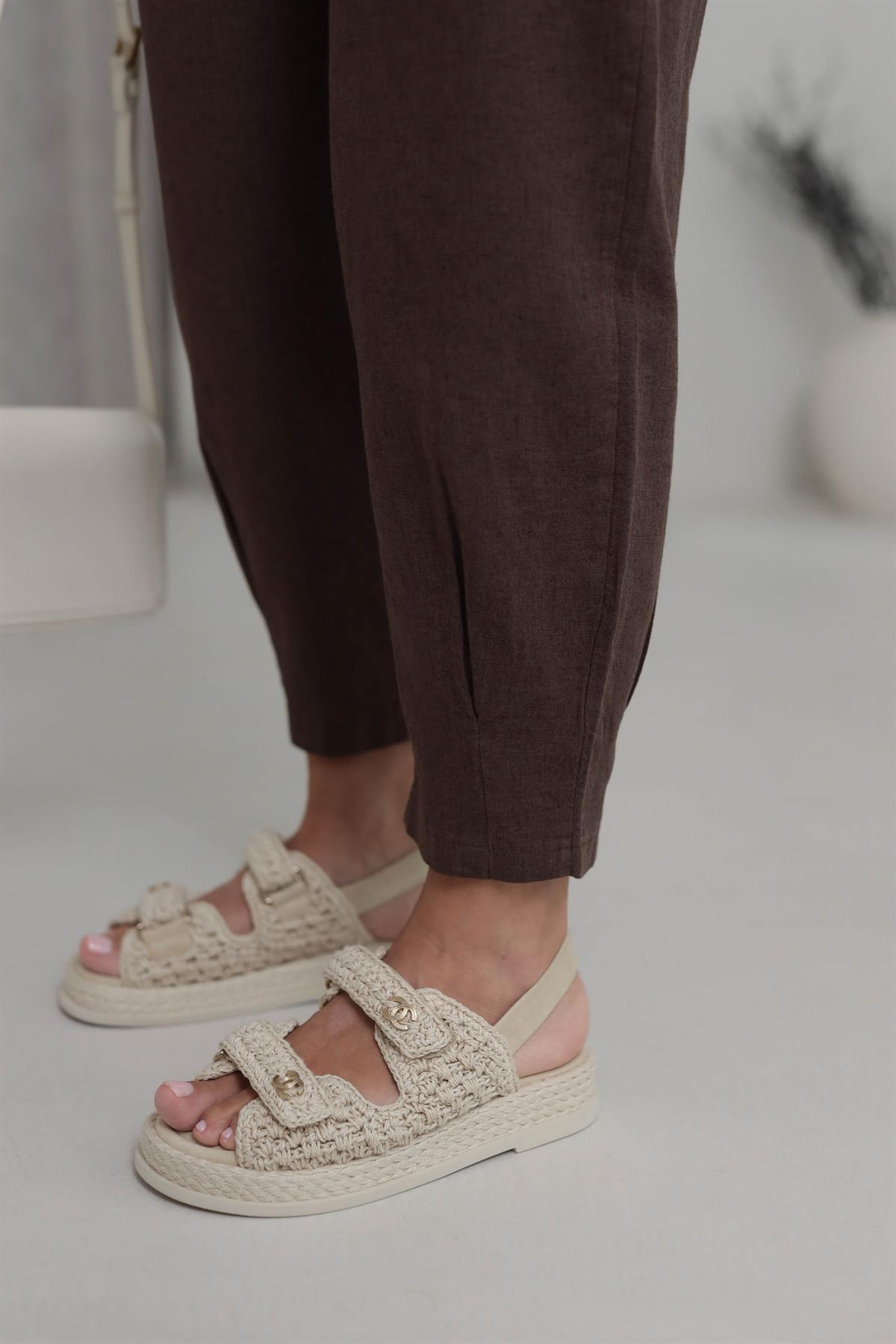 1711 Paçası Pensli Yan Cepli Keten Pantolon ACI KAHVE