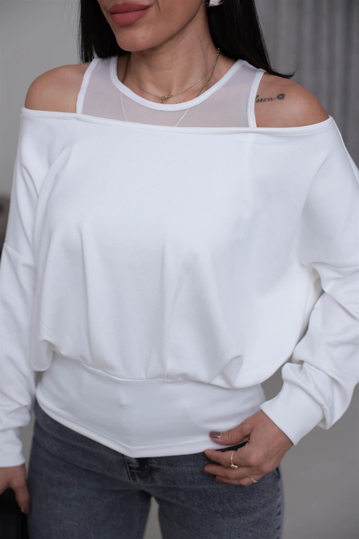 6710 Kol Dekolteli Tül Detaylı Bluz EKRU