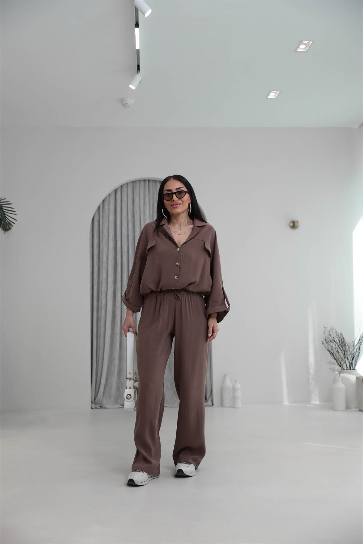 7121 Gold Düğmeli Tencel Kumaş Takım KAHVE