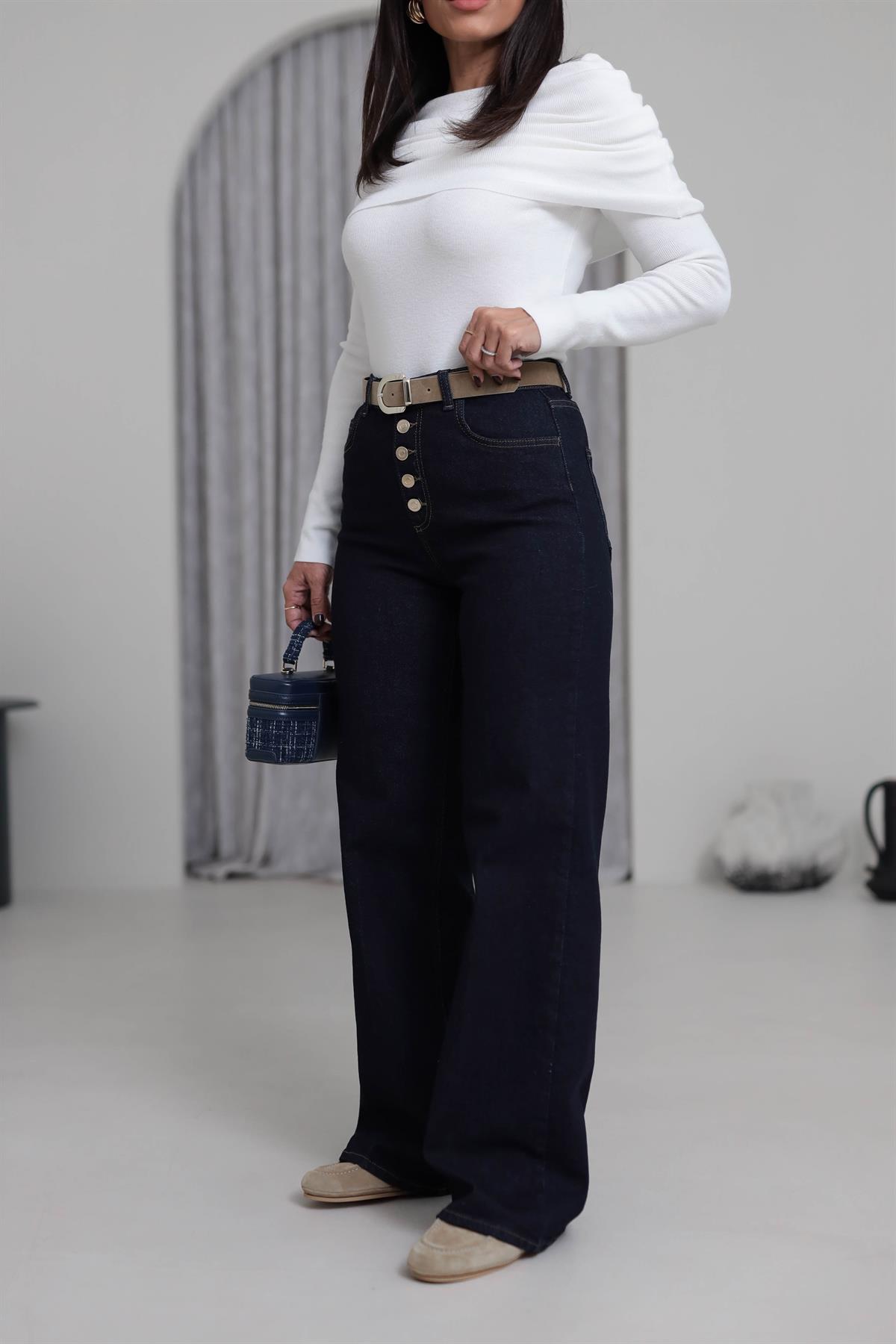 D-884 Kemerli 5 Düğmeli Wide Leg Pantolon LACİVERT