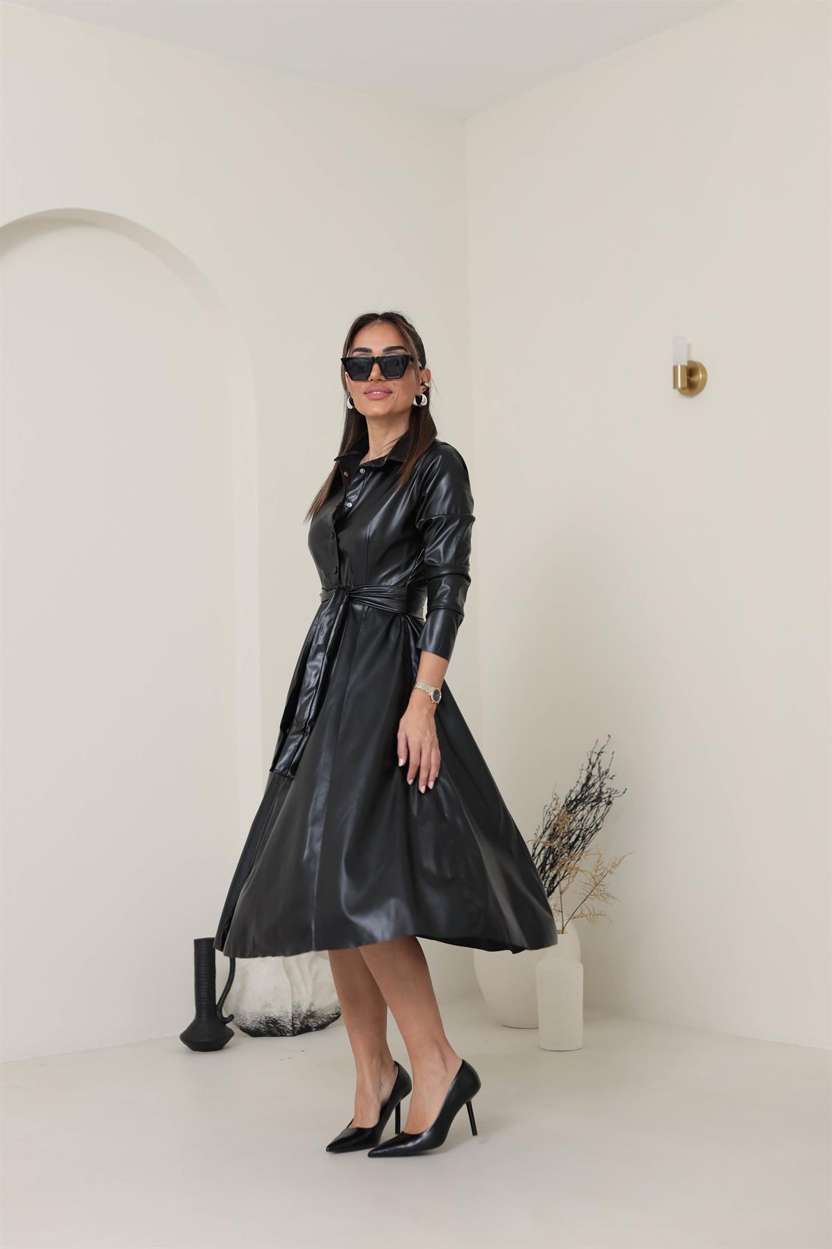 1276 Çıtçıt Düğmeli Deri Elbise SİYAH