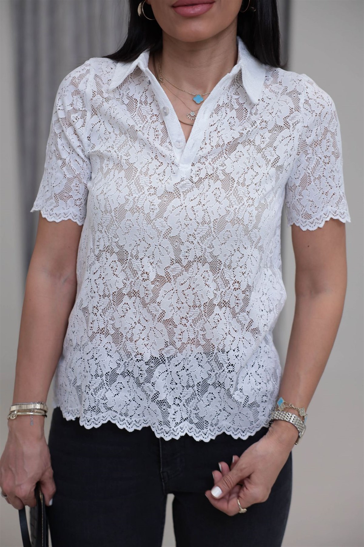 7370 Polo Yaka Düğmeli Dantel Tshirt EKRU