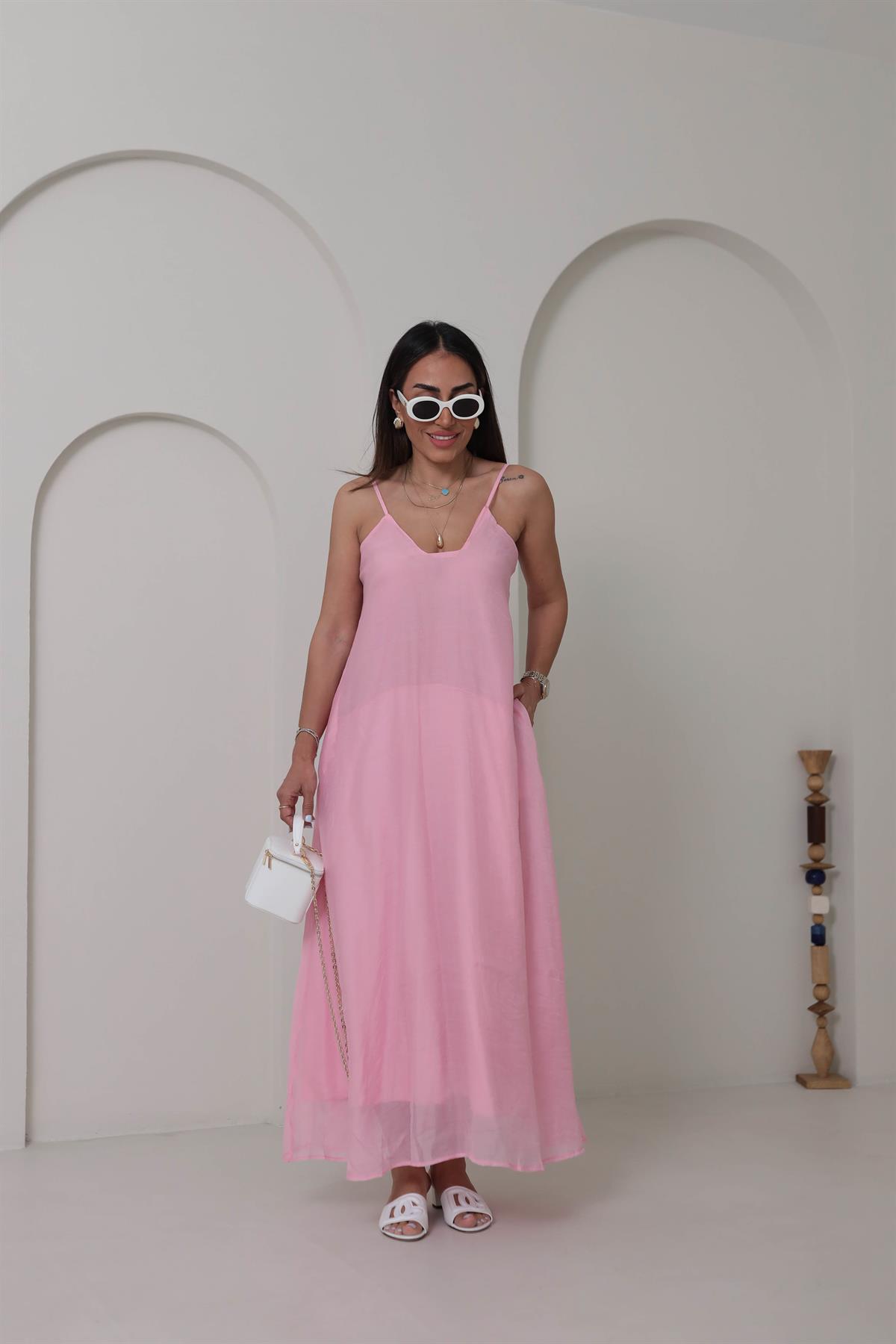 3227 Askılı Kare Yaka Maxi Tencel Elbise PEMBE