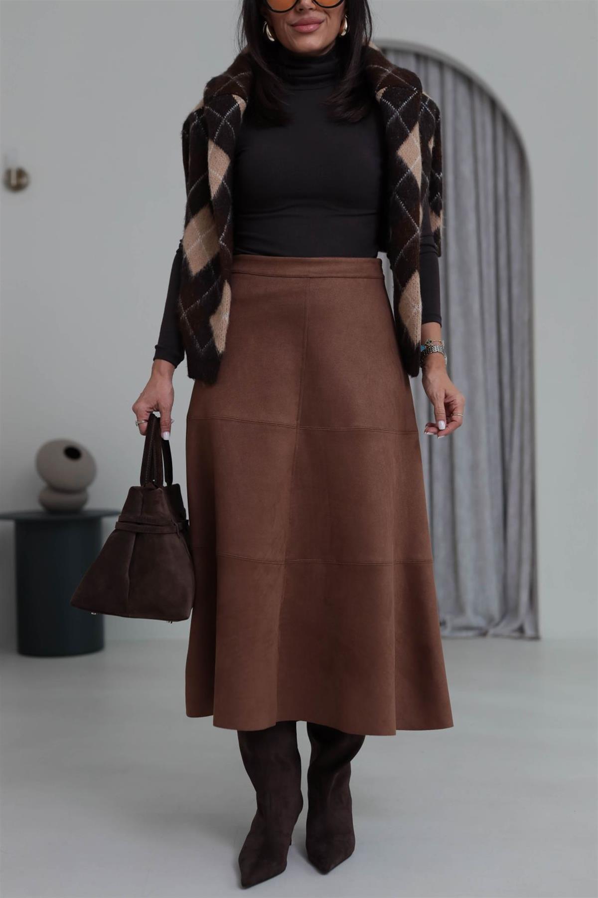 7547 Midi Boy Yüksek Bel Süet Etek TABA