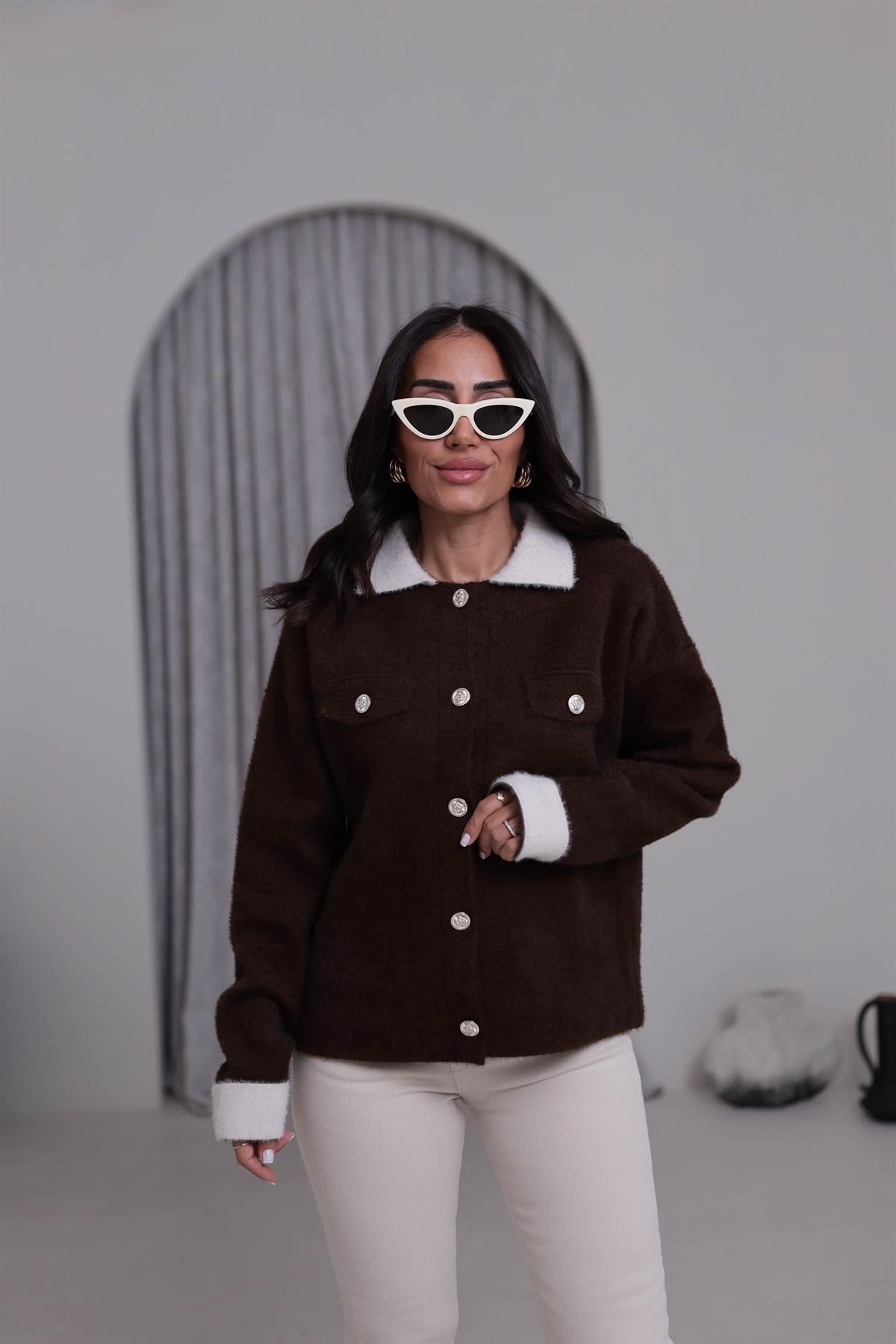 5259 Kontrastlı Polo Yaka Angora Ceket Hırka KAHVE