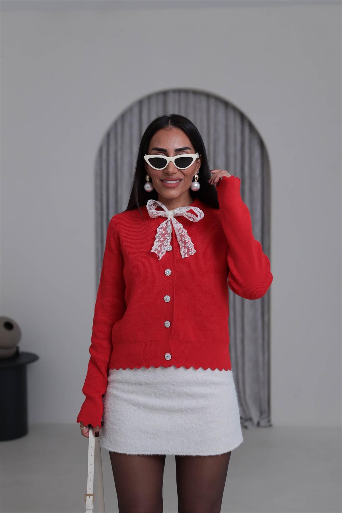 1088 Dantel Fularlı Triko Hırka NAR ÇİÇEĞİ