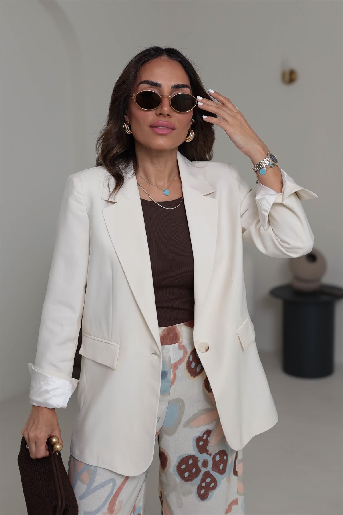 6757 Tencel Tek Düğme Blazer Ceket KREM