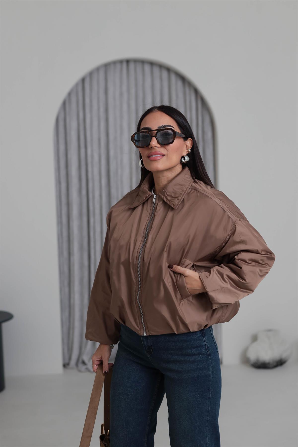 5871 Önden Fermuarlı İçi Kapitone İnce Mont VİZON