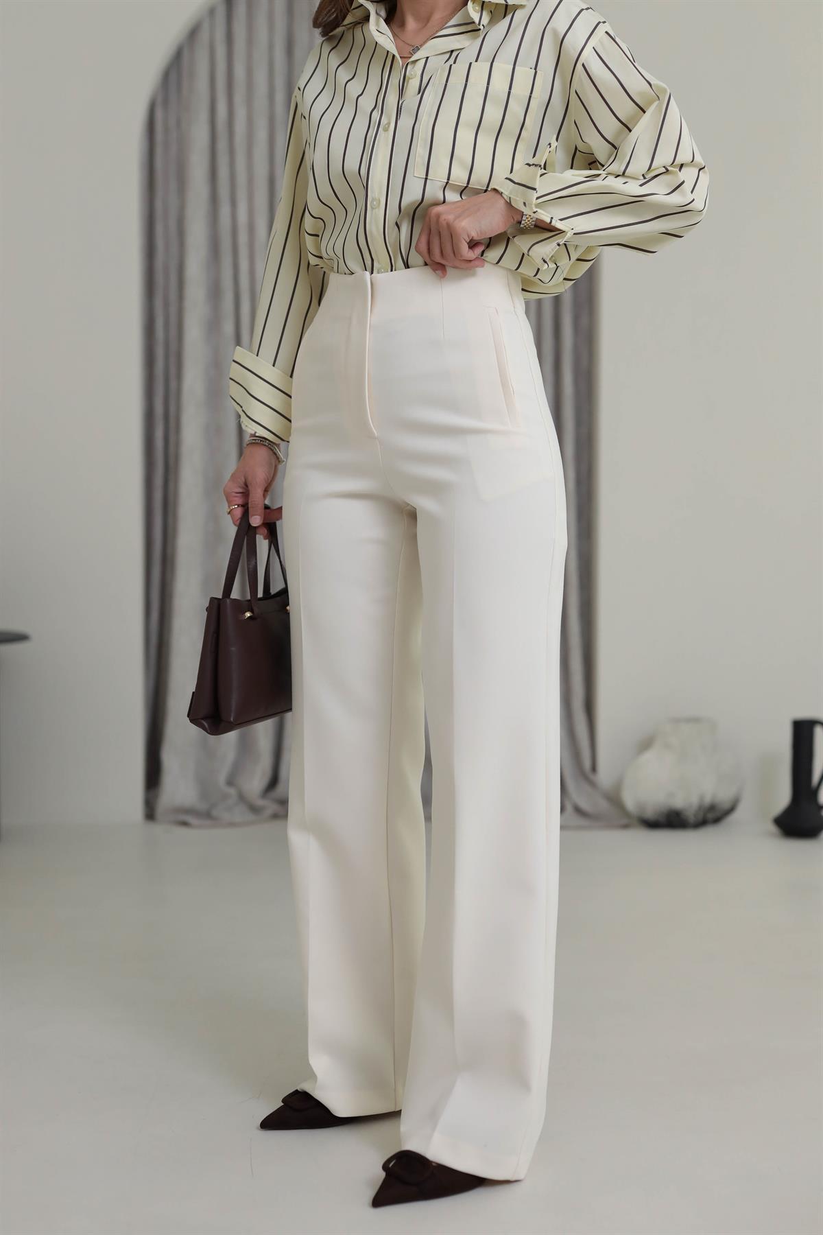 2001 Pensli Yüksek Bel Palazzo Pantolon KREM