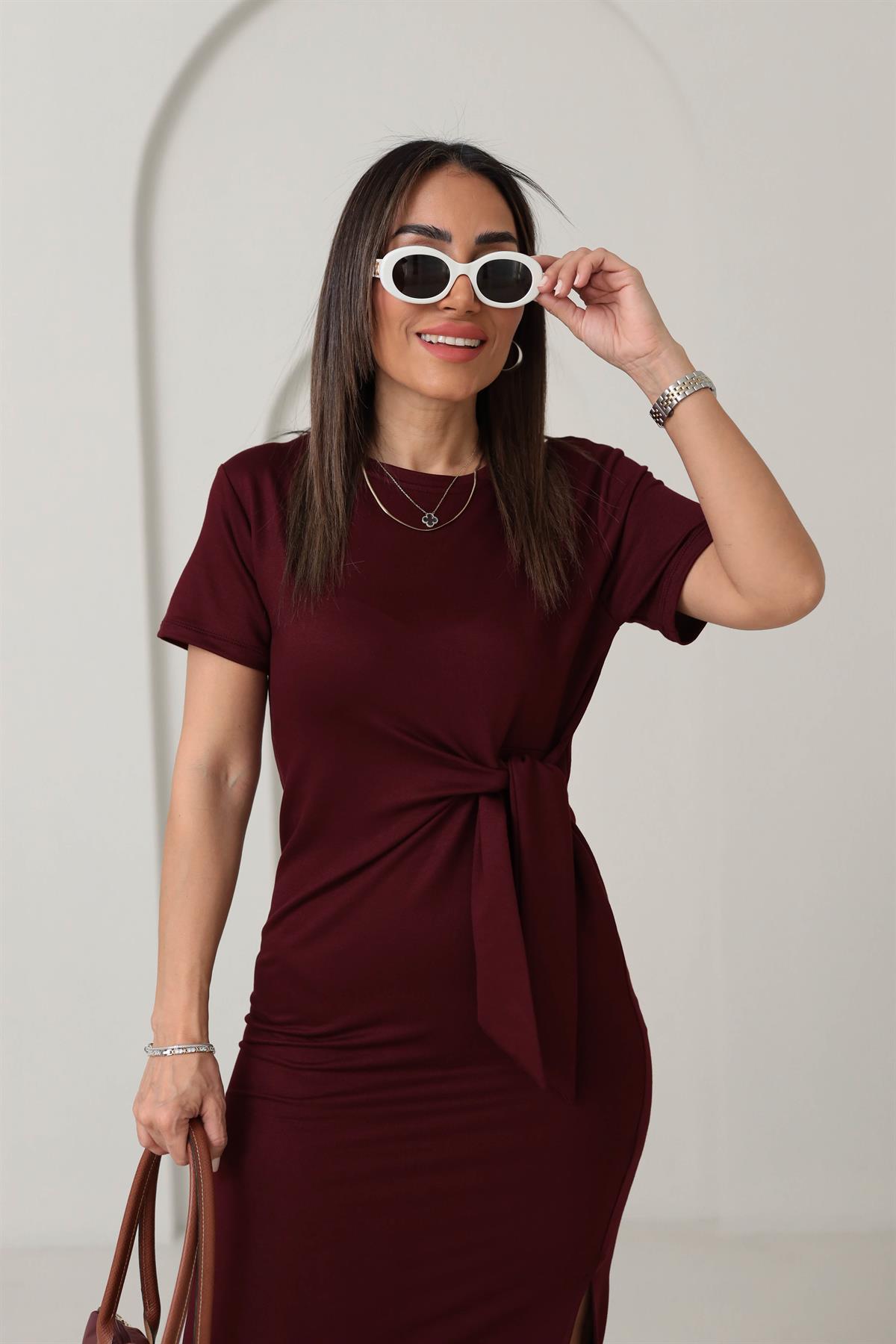 3182 Önden Bağlamalı Yanları Yırtmaçlı Penye Elbise BORDO