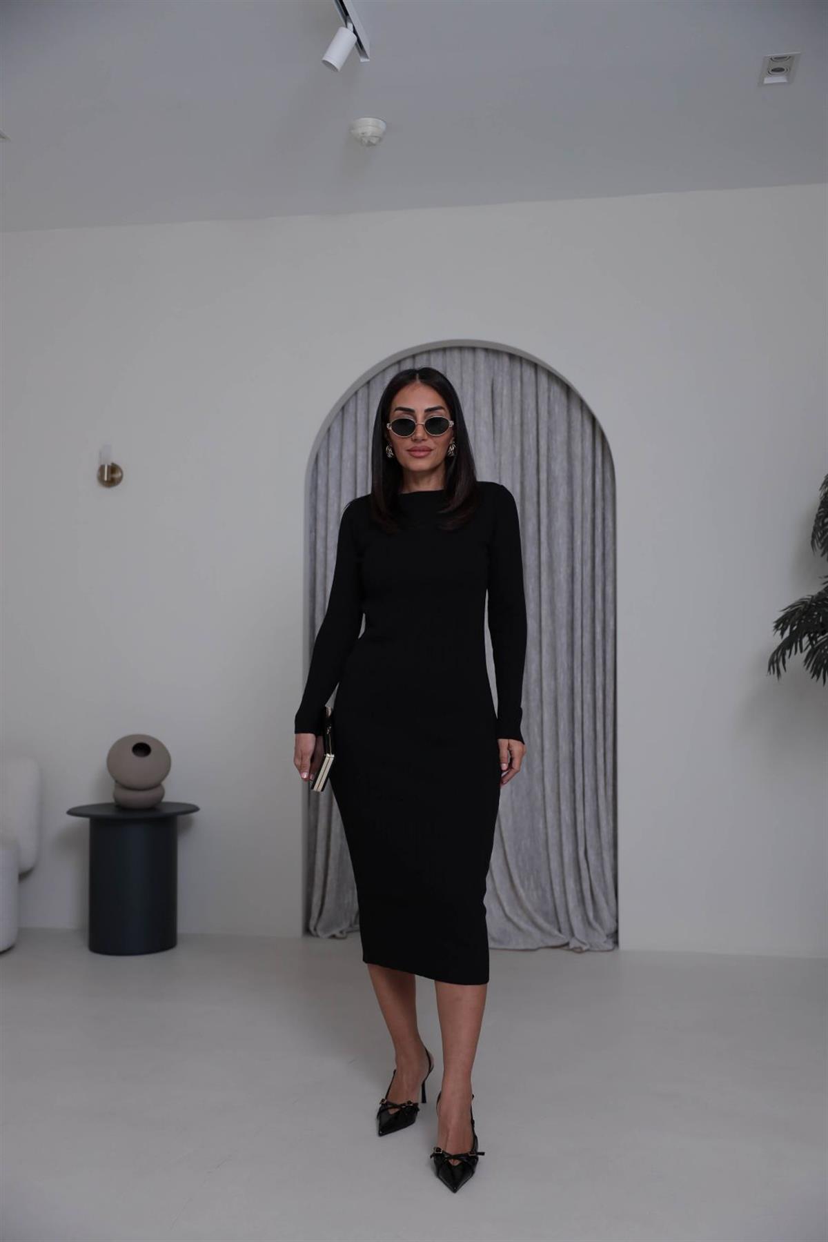 2000 Kayık Yaka Triko Elbise SİYAH