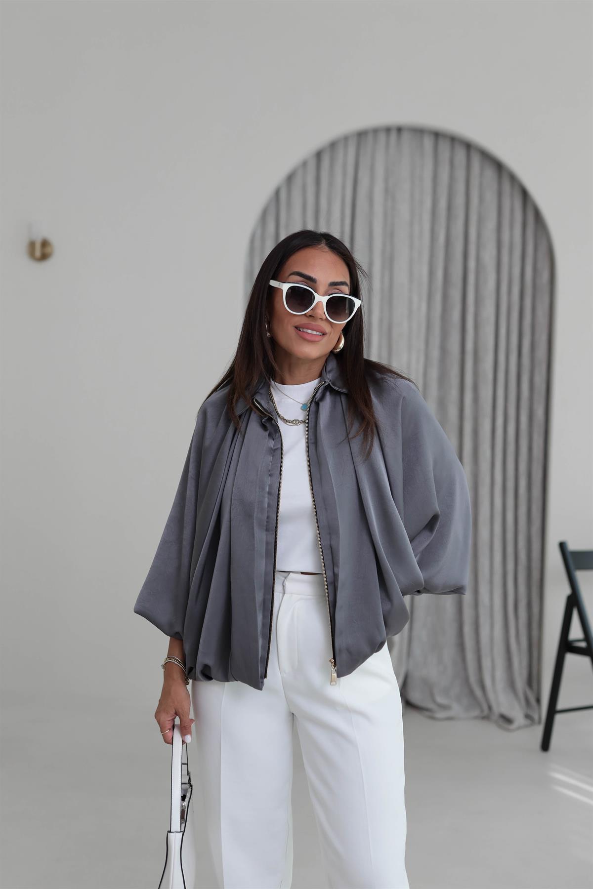 9584 Kendinden Desenli Saten Bomber Ceket ANTRASİT