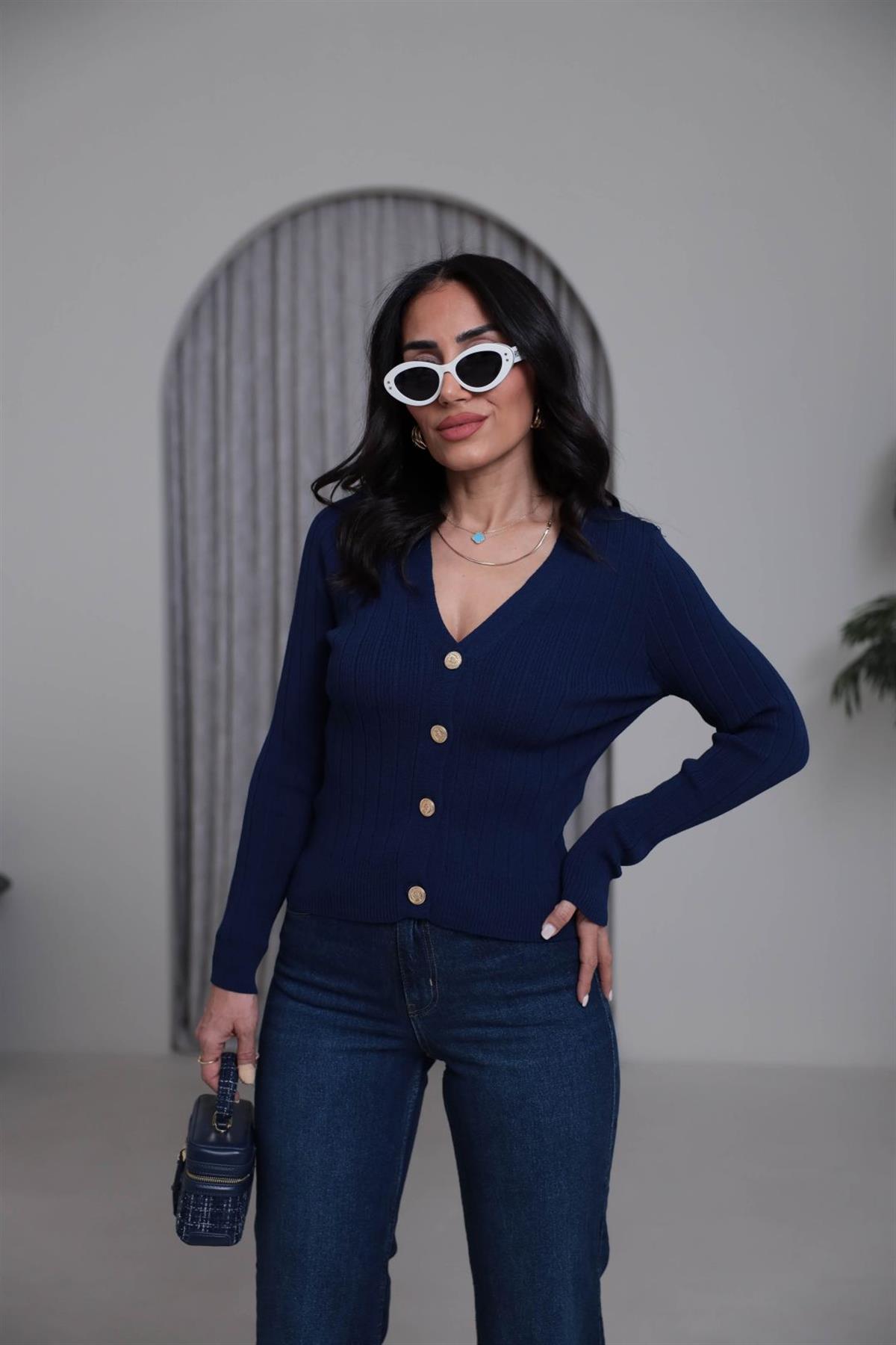 4883 Gold Düğmeli V Yaka Triko Hırka LACİVERT