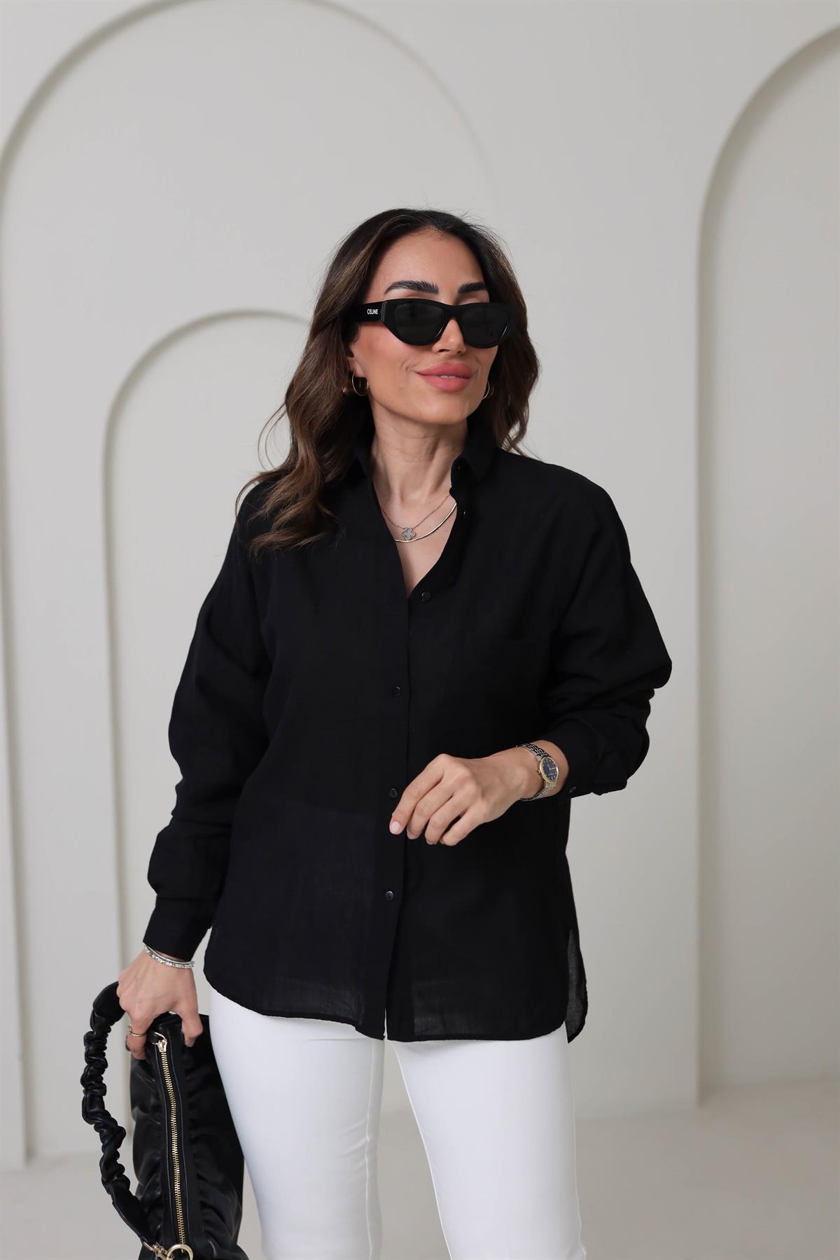 4294 Cep Detaylı Pamuklu Dokulu Gömlek SİYAH