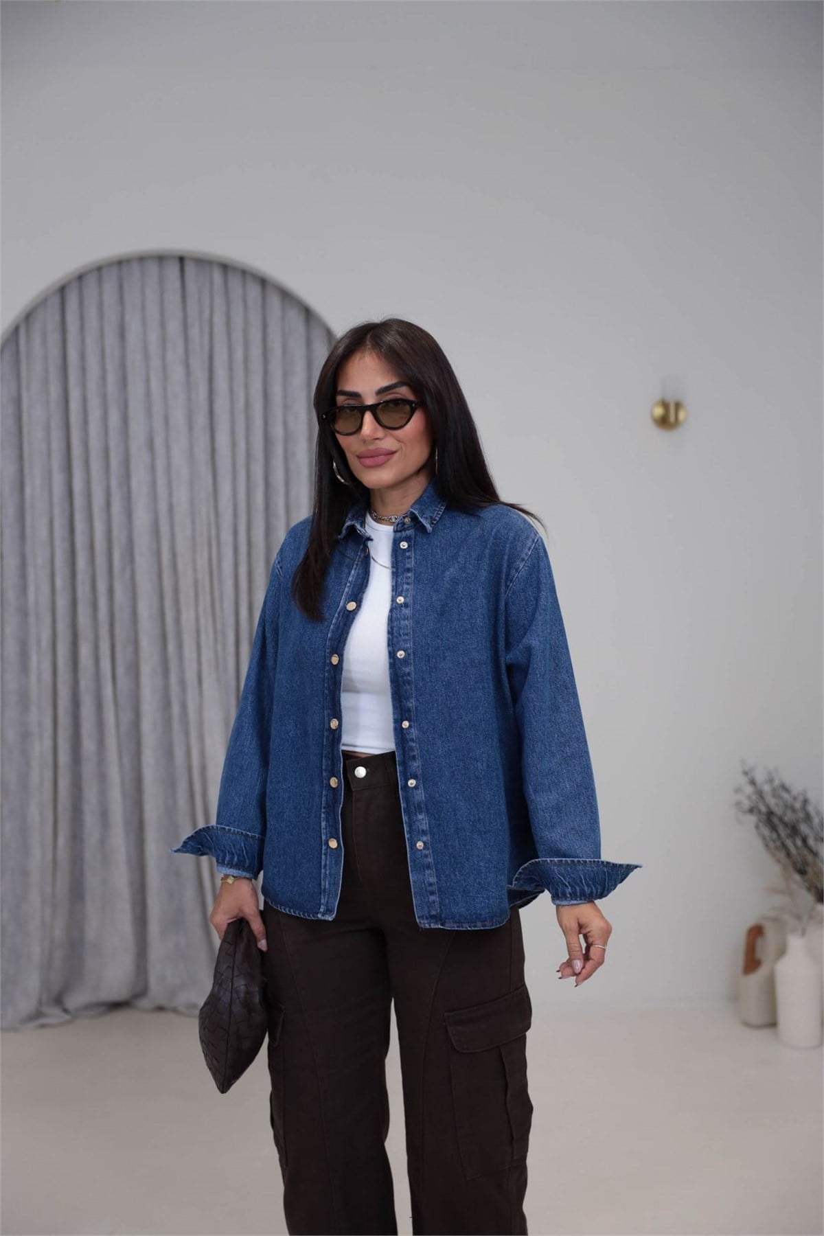 1181 Sırtı Çapraz Bağcık Detaylı Denim Gömlek Ceket KOYU MAVİ