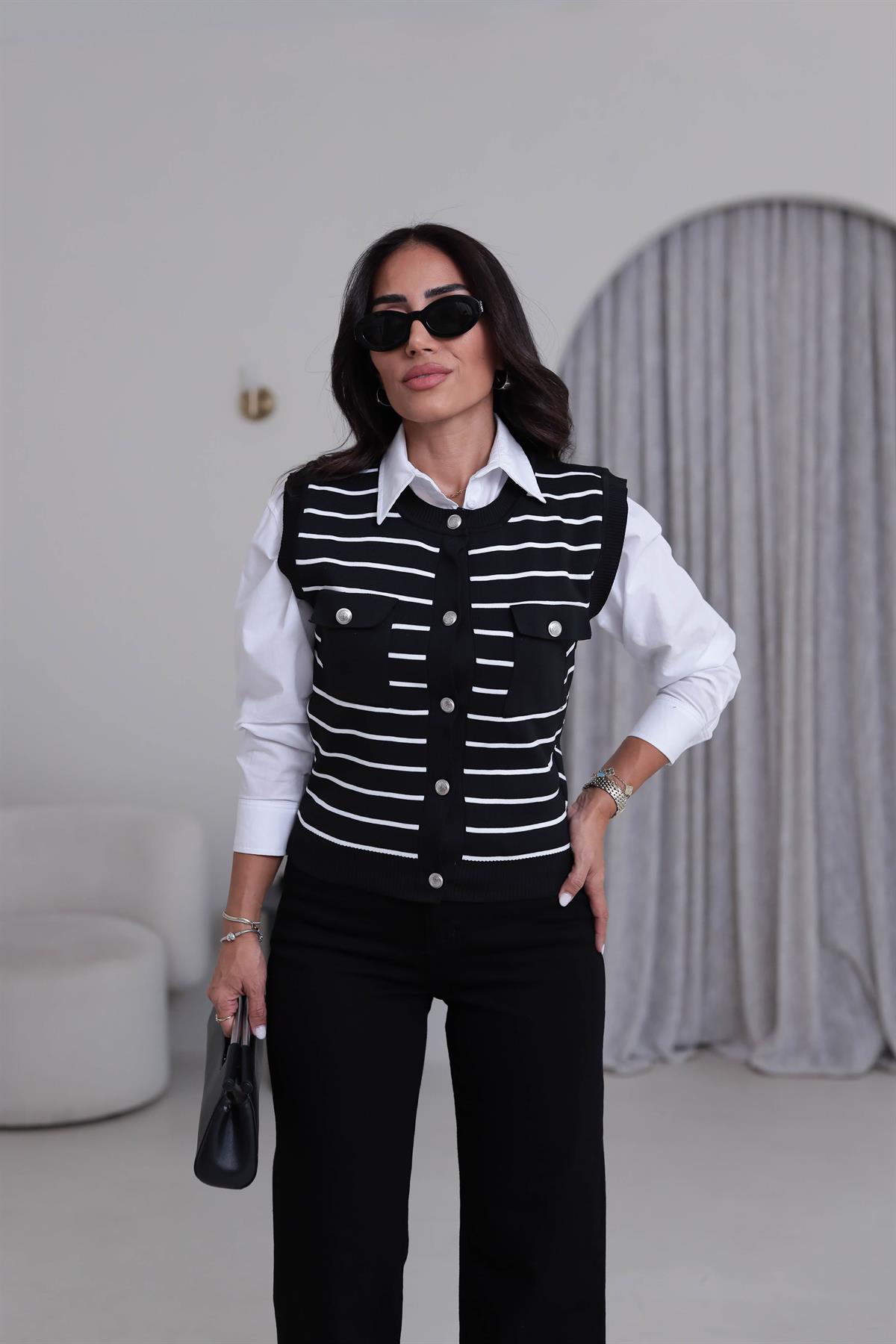 0363 Massi Çizgili Cepli Yelek SİYAH