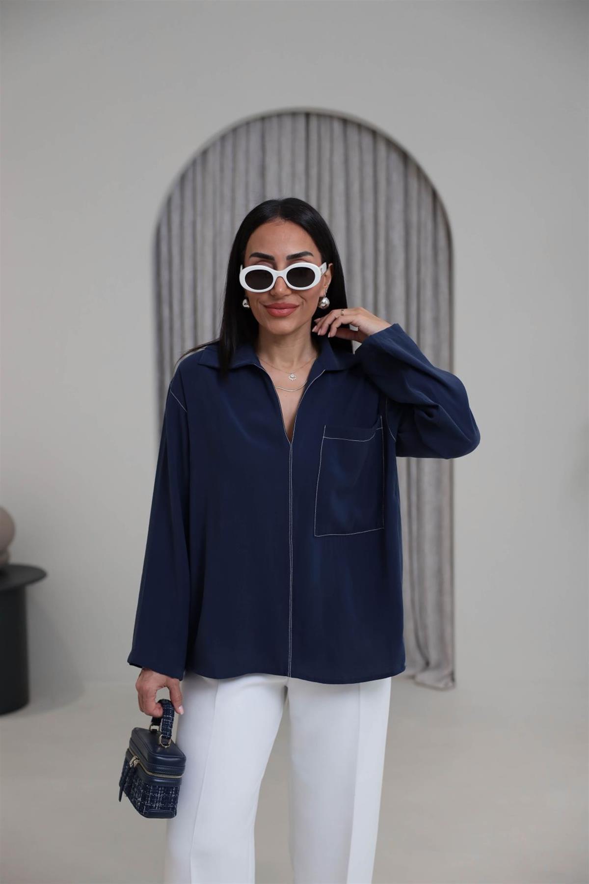 0723 Zincir Dikişli Cep Detay Tencel Gömlek Indigo