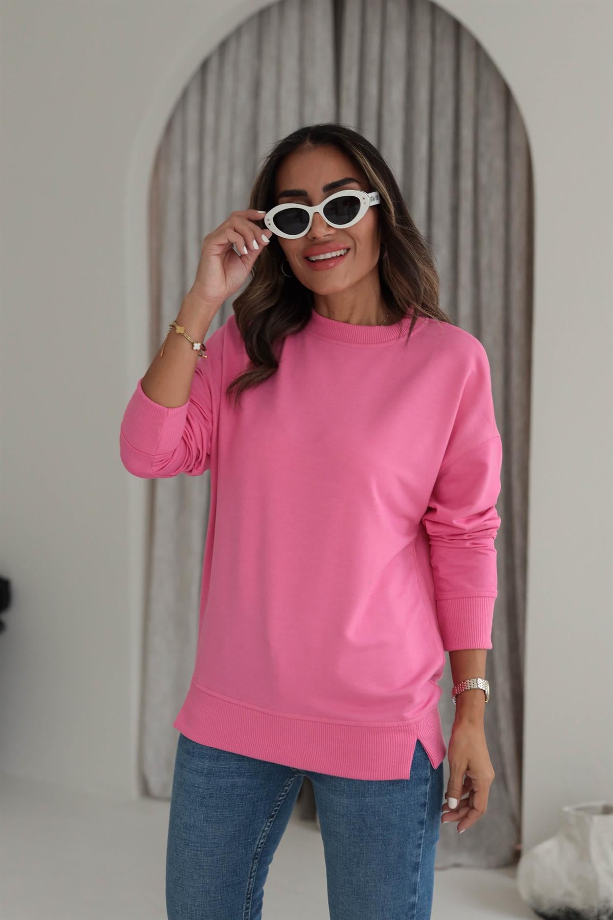 9002 Düz Basic Sweatshirt PEMBE