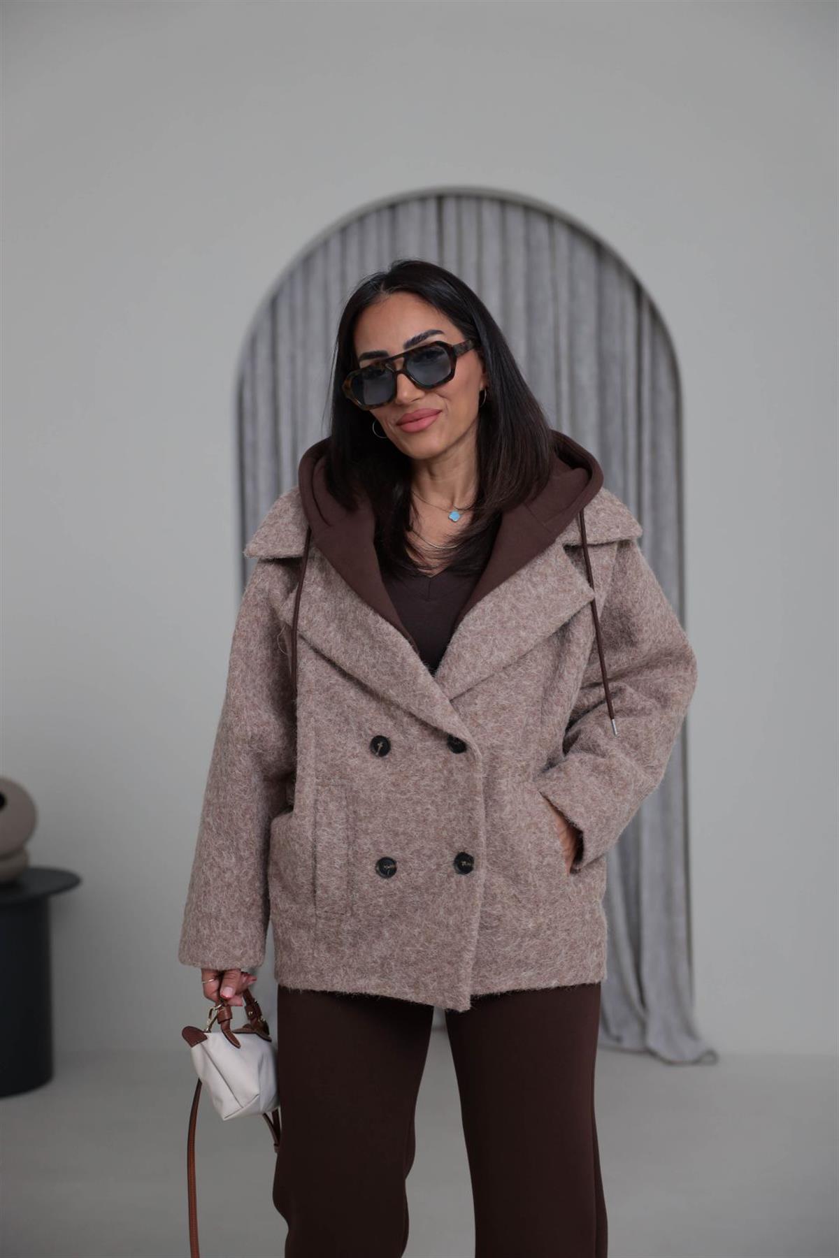 9690 Kapşon Detaylı Buklet Kaban VİZON-KAHVE