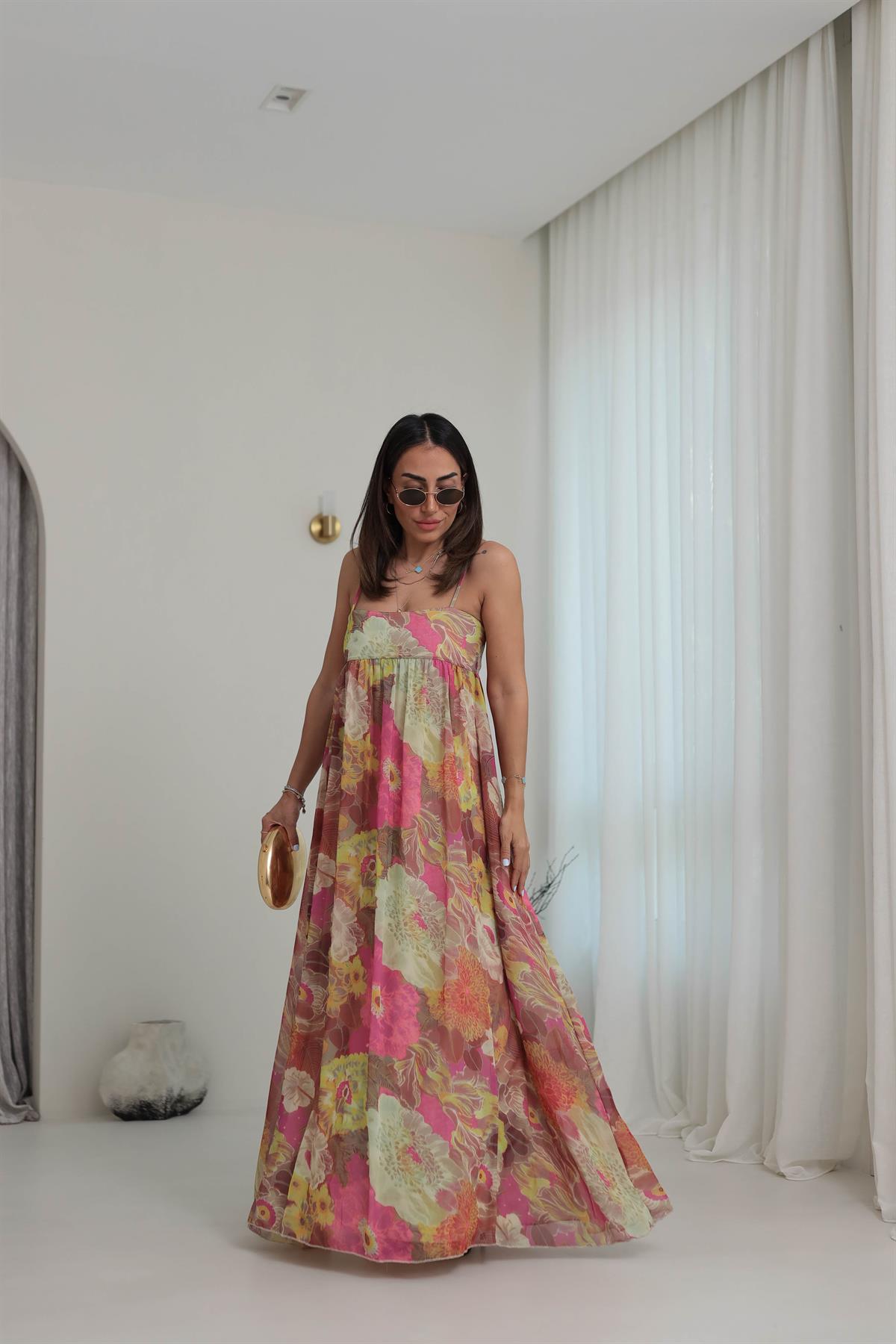 6509 Çiçekli Şifon Askılı Maxi Elbise ÇİÇEKLİ