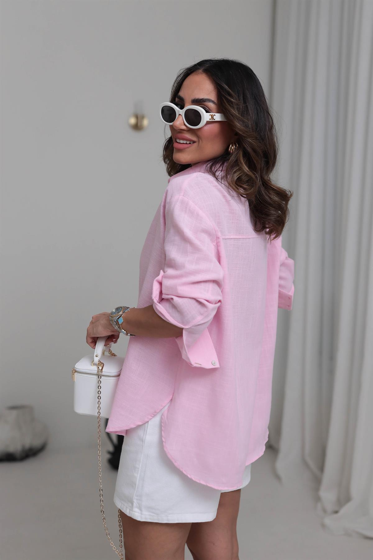 0384 Uzun Kollu Keten Gömlek PEMBE