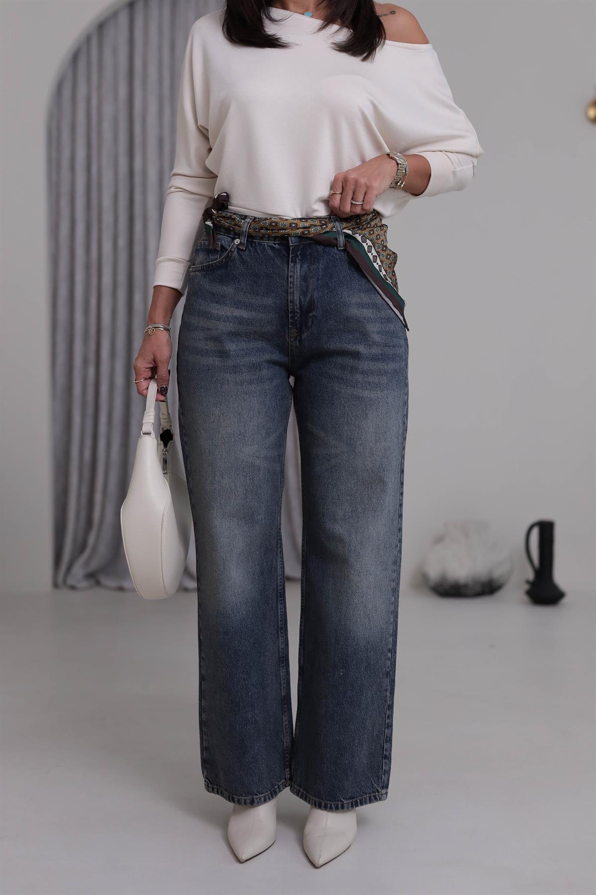 7681 Fular Detaylı Jean Pantolon TİNTLİ MAVİ