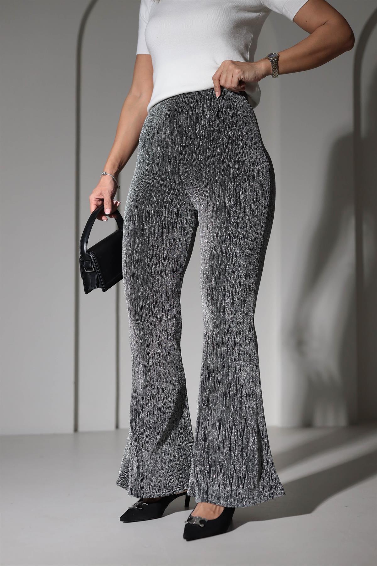 9417 Taşlı Pırıltılı İspanyol Paça Likralı Pantolon GRİ