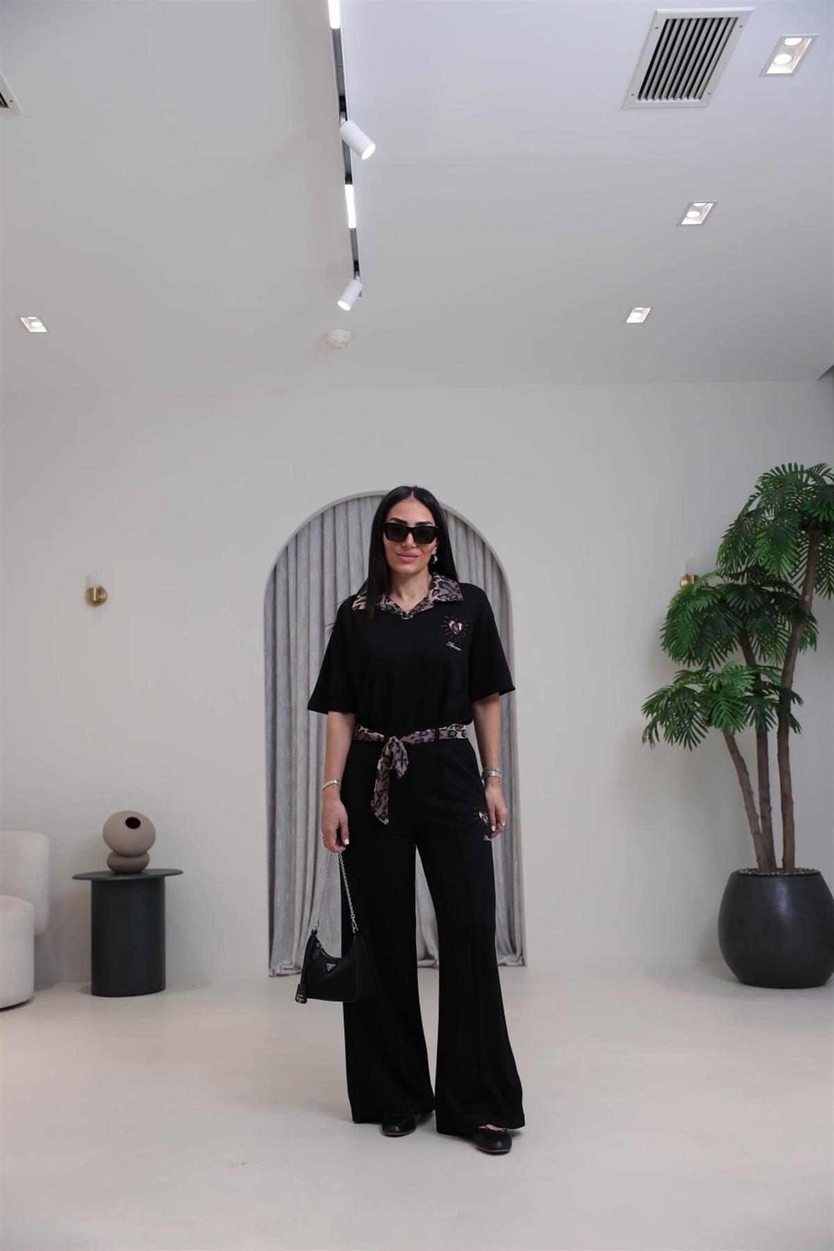 7539 Leopar Saten Yakalı Nakışlı Modal Takım SİYAH