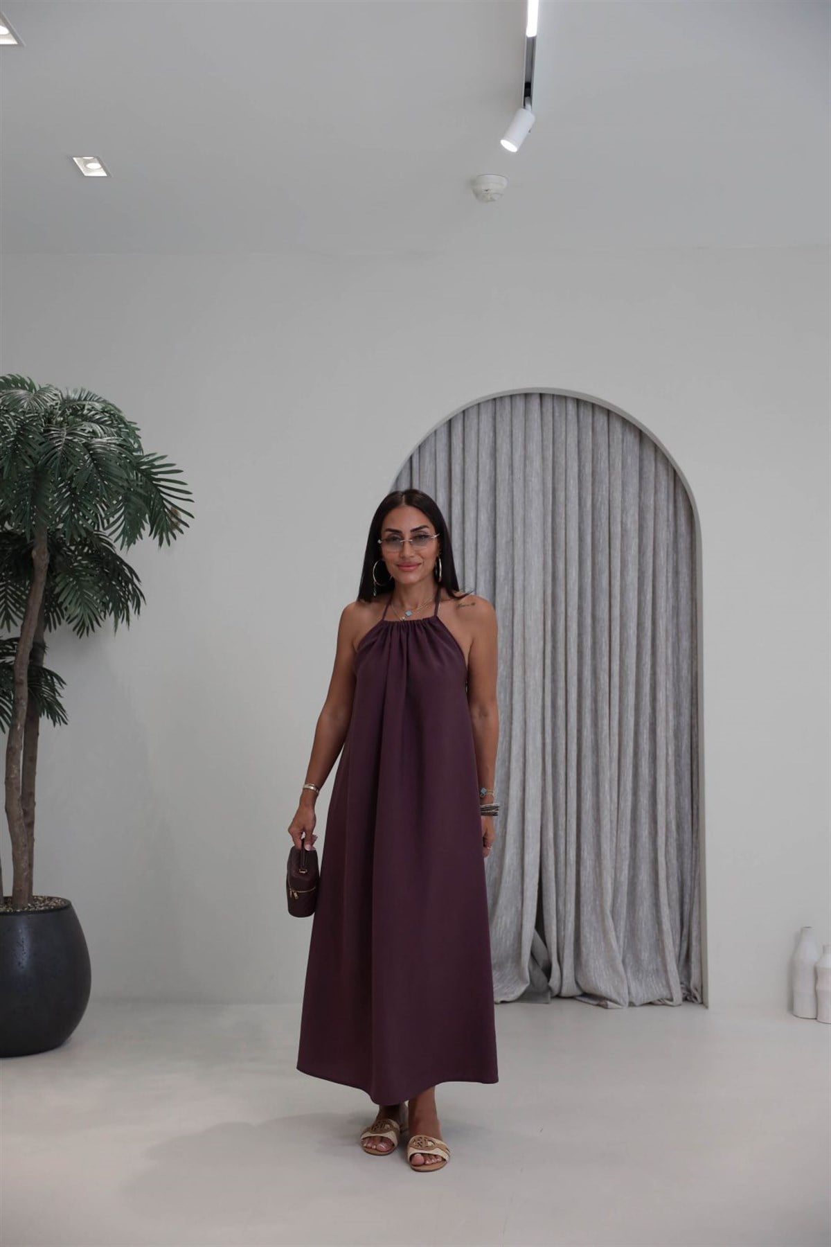 1627 Boyundan Büzgülü Tencel Maxi Elbise BORDO